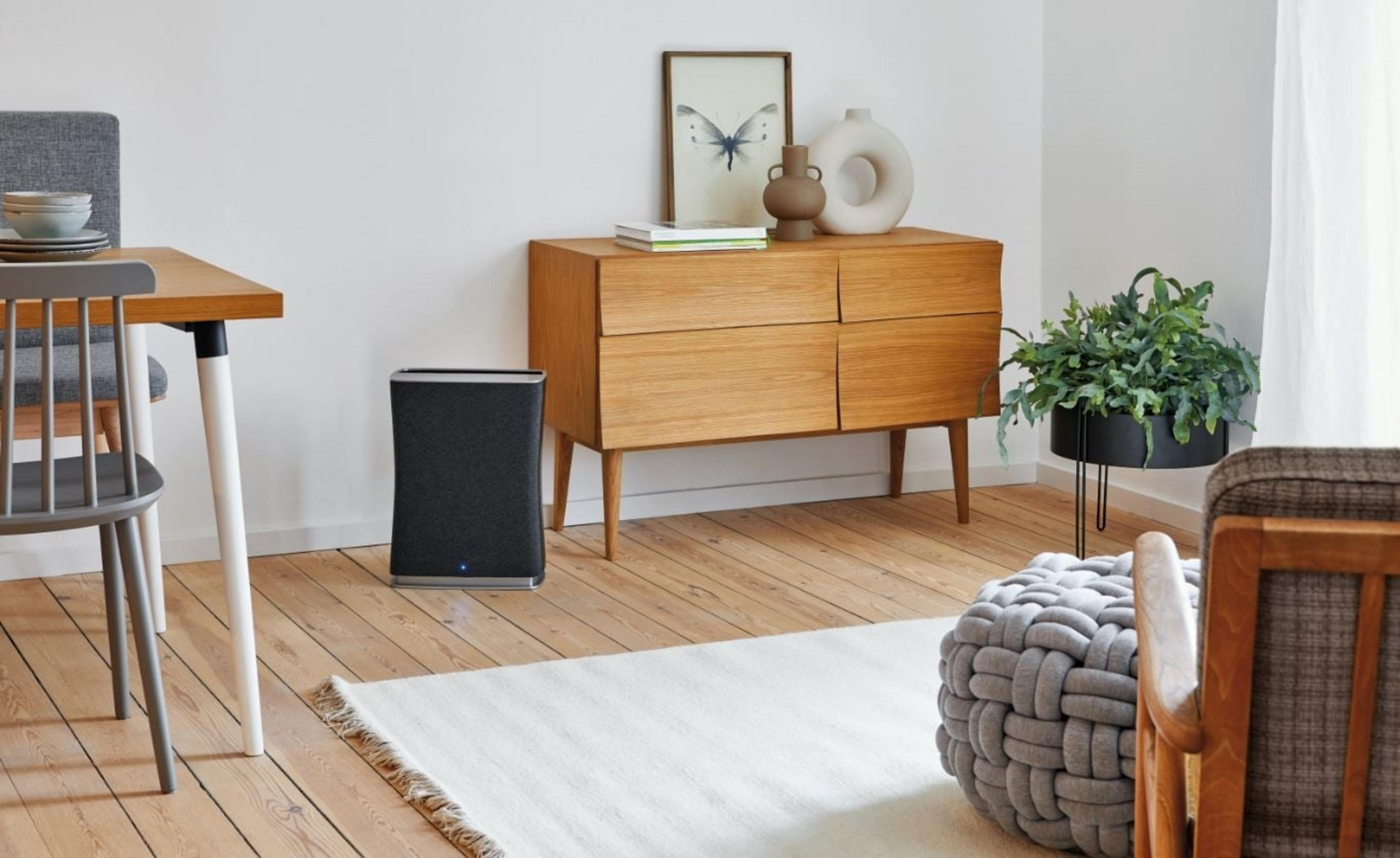 Modern living room with wooden furniture, plants, and an air purifier.