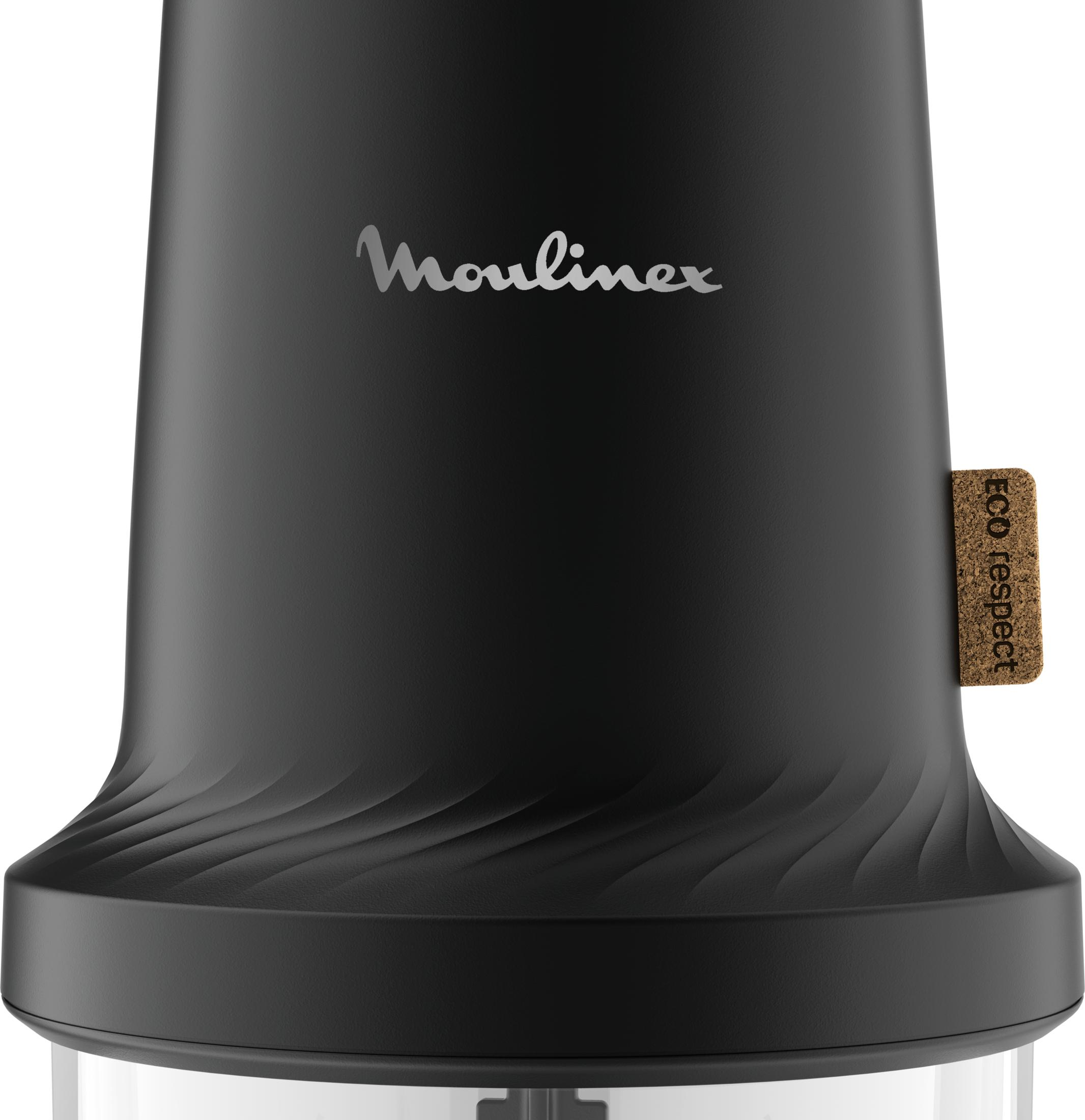 Schwarzer Mixer von Moulinex mit "Eco respect"-Aufdruck auf Kork.