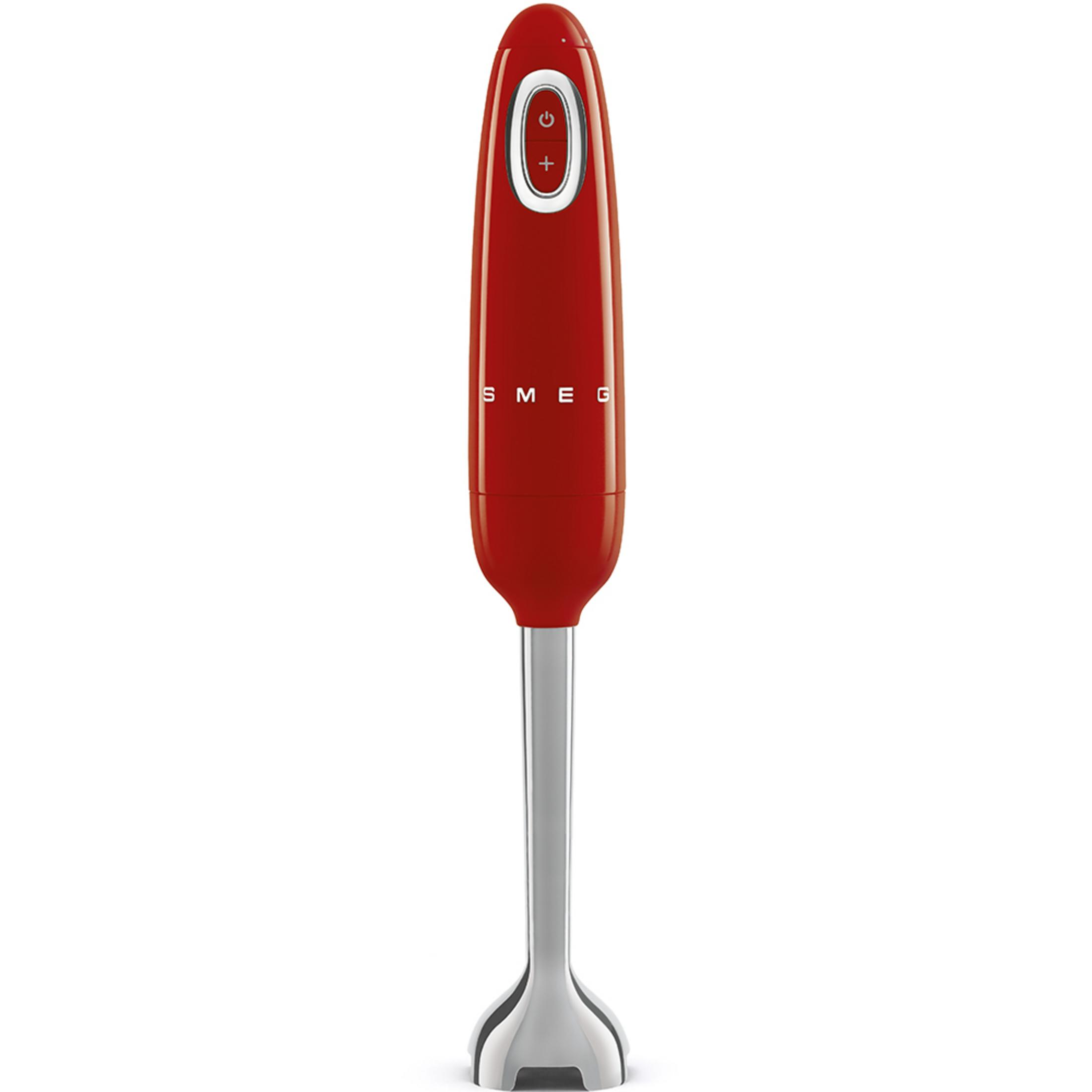 Un frullatore a immersione rosso Smeg con albero argentato e pulsanti.