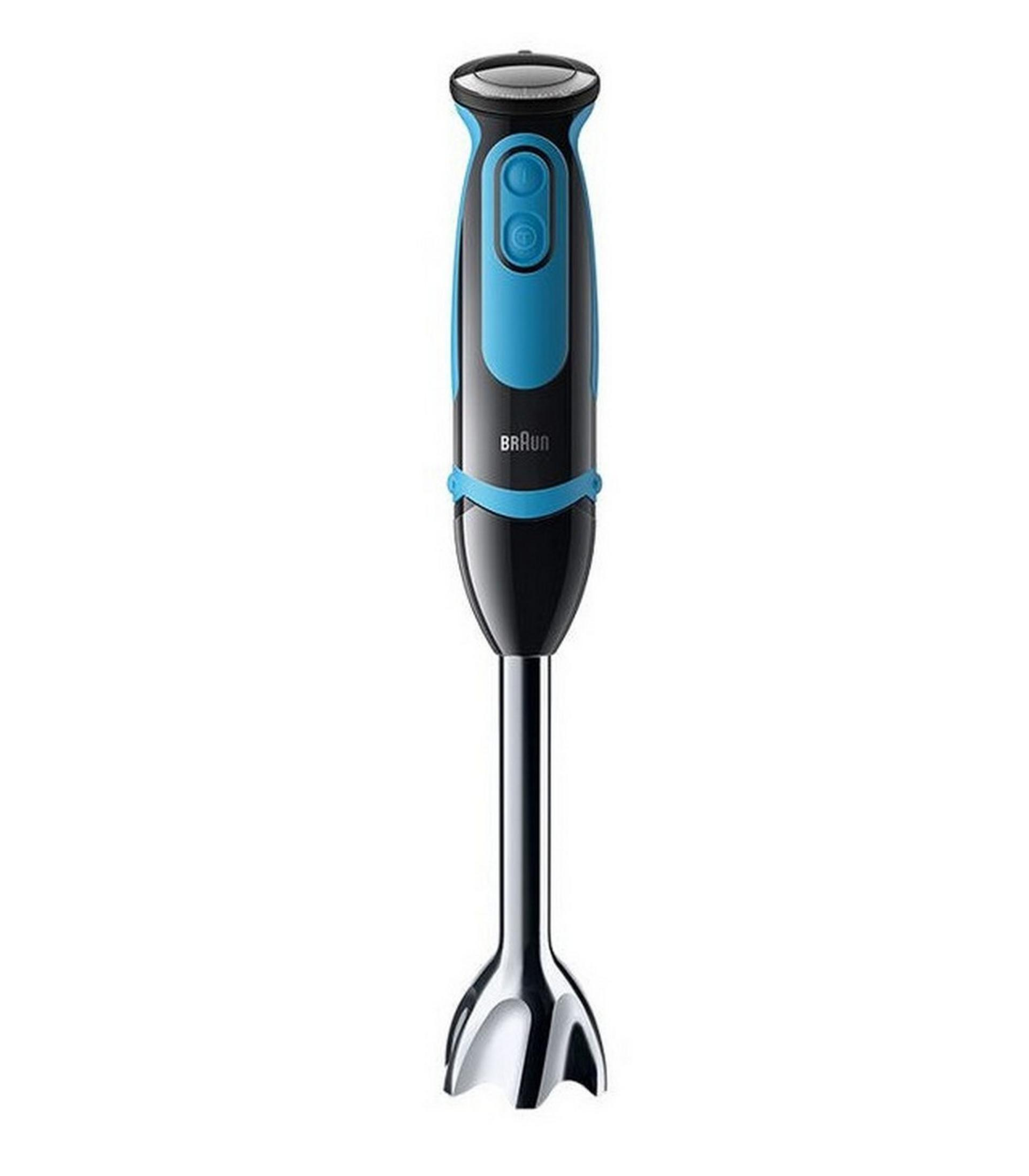 Metal tabanlı siyah ve mavi Braun el blenderı.