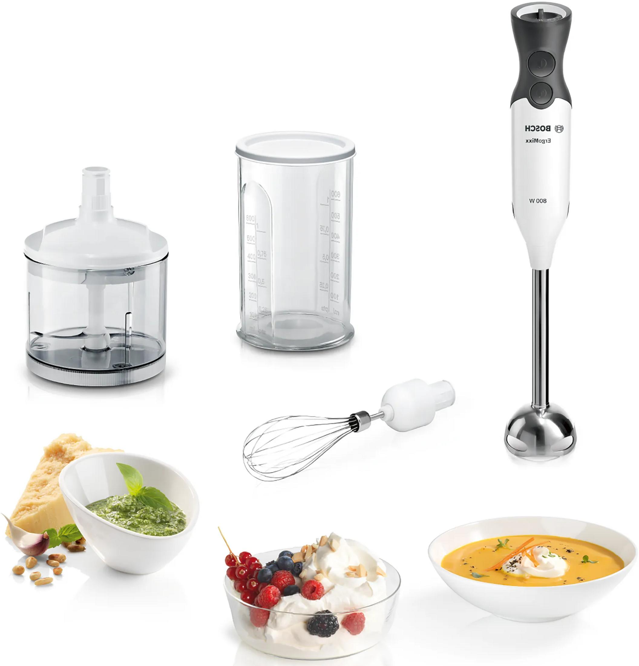 Blender ręczny Bosch z akcesoriami, pesto, jagodami i śmietaną oraz zupą z marchwi.