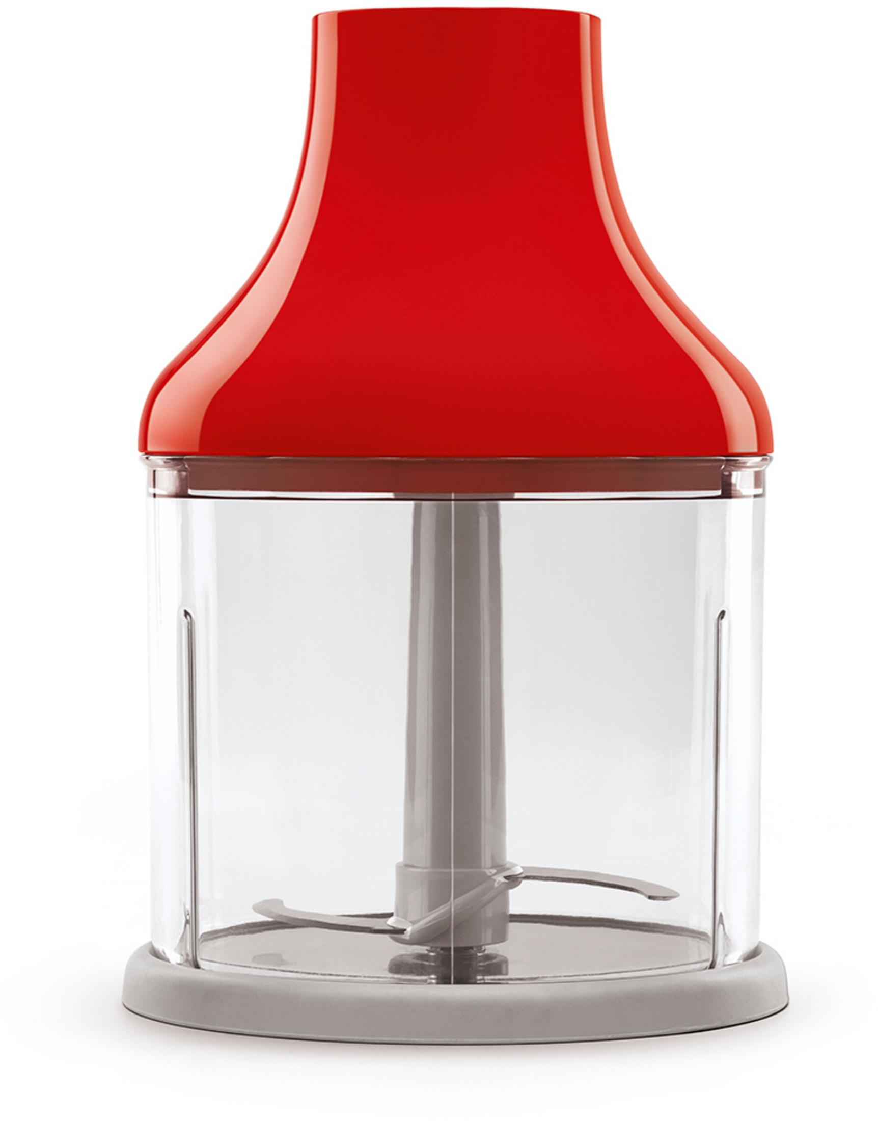Accessorio frullatore a immersione rosso con contenitore trasparente e lame.