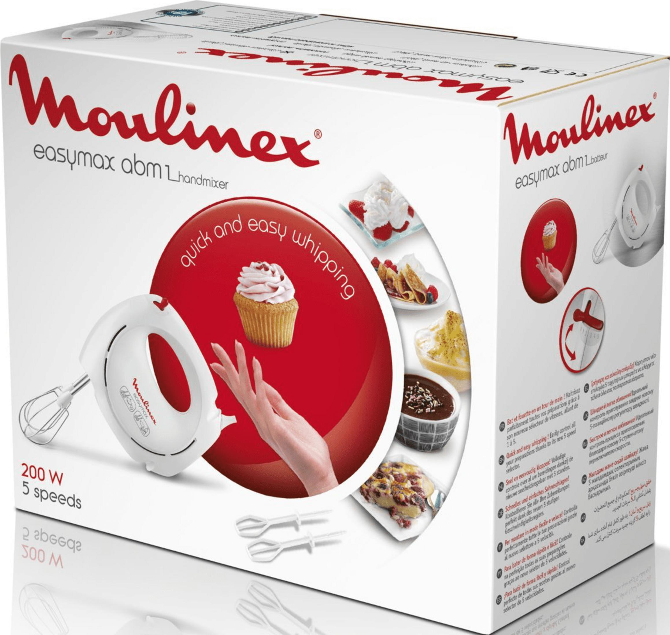Moulinex Handmixer-Verpackung mit Cupcake und Kochbildern.