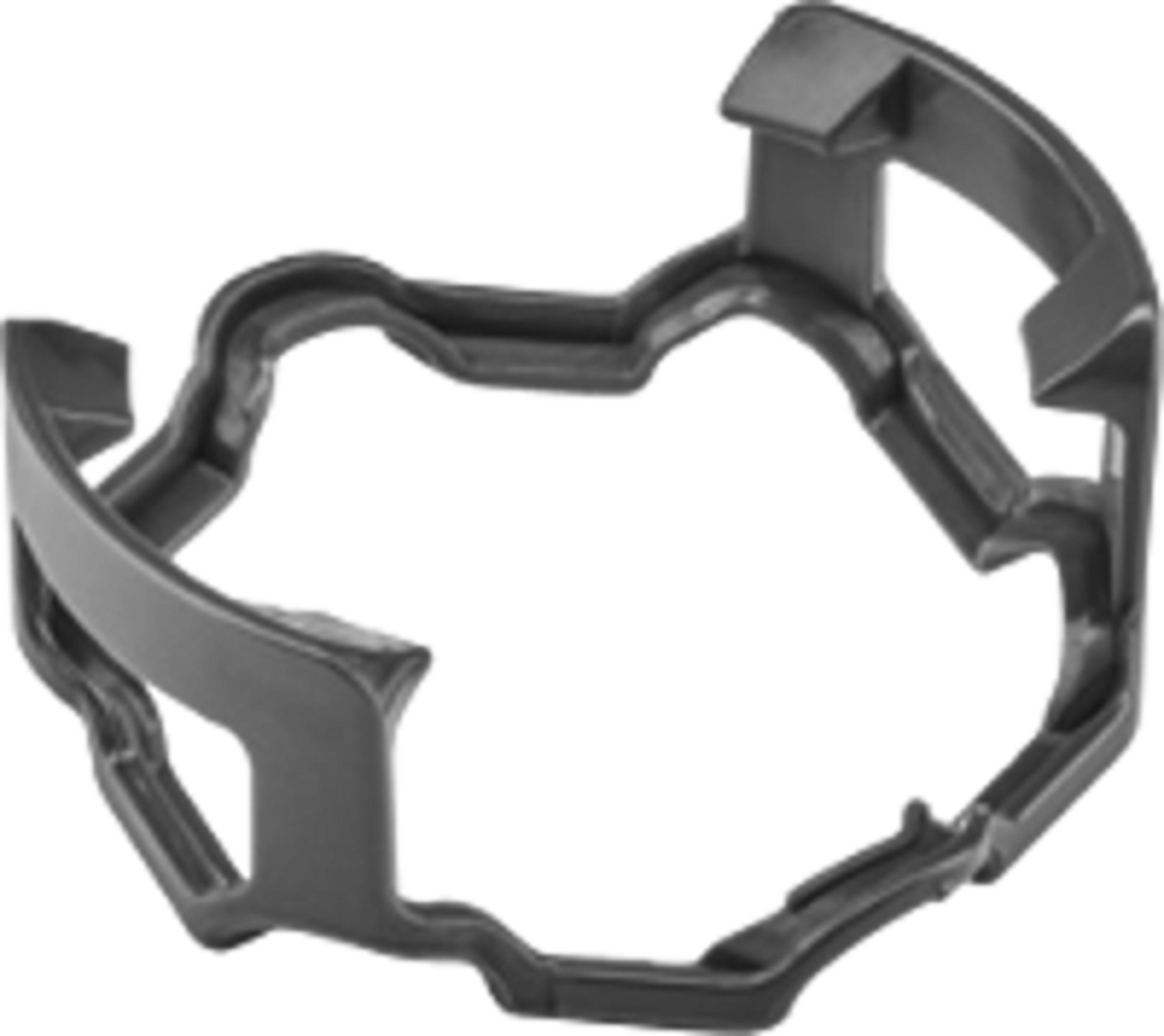 Un supporto in plastica scuro a forma di anello con più ritagli e linguette di montaggio.