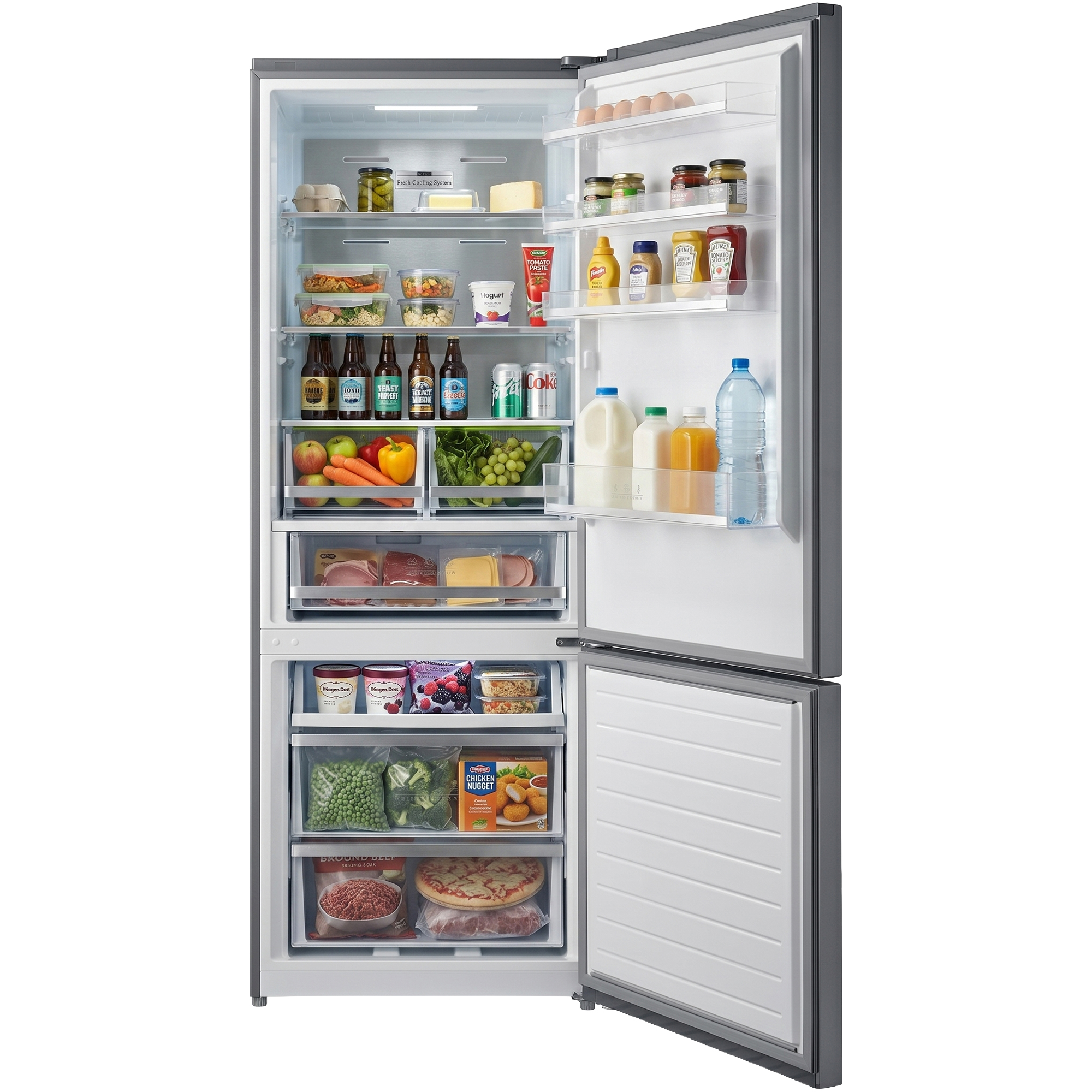 An open refrigerator filled with food items like eggs, fruits, vegetables, drinks, meat, and ice cream.