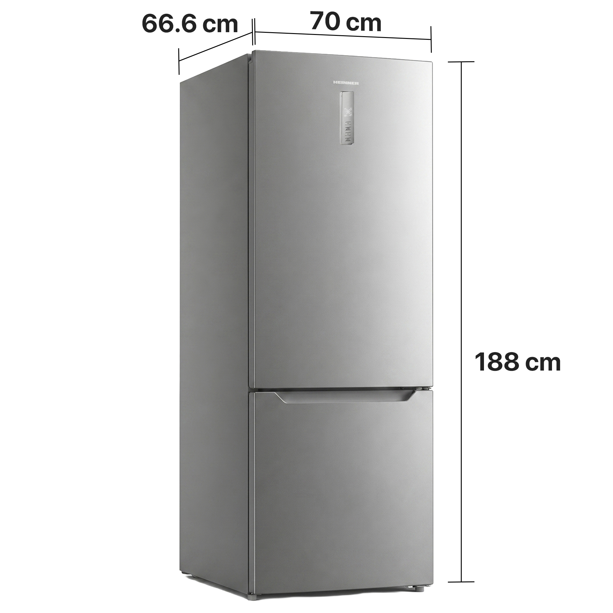 A silver refrigerator with dimensions H:188cm, W:70cm, D:66.6cm.