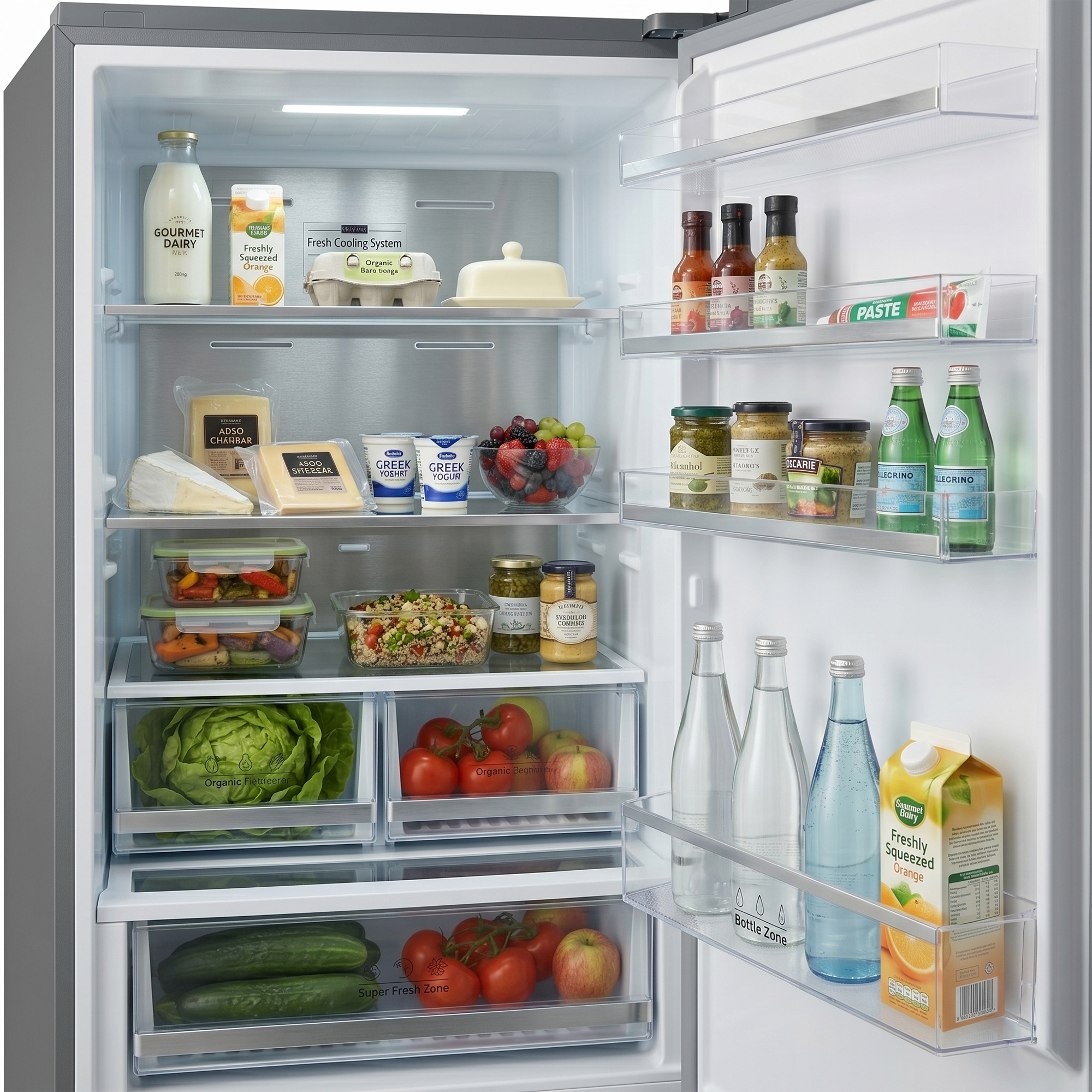 An open refrigerator filled with food on multiple shelves: bottles, jars, vegetables, and fruit.