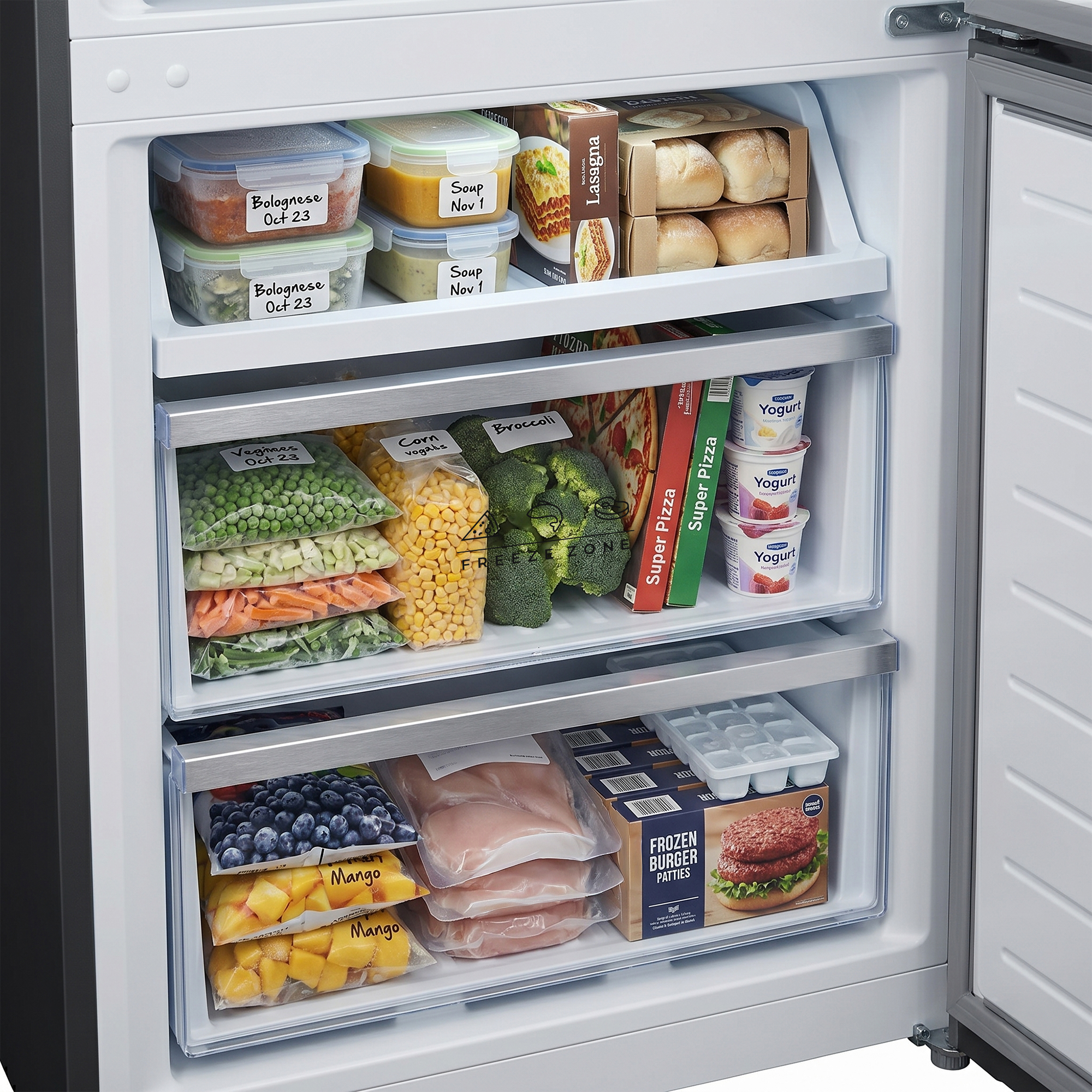 Freezer filled with food: Bolognese, soup, lasagna, rolls, vegetables, pizza, yogurt.