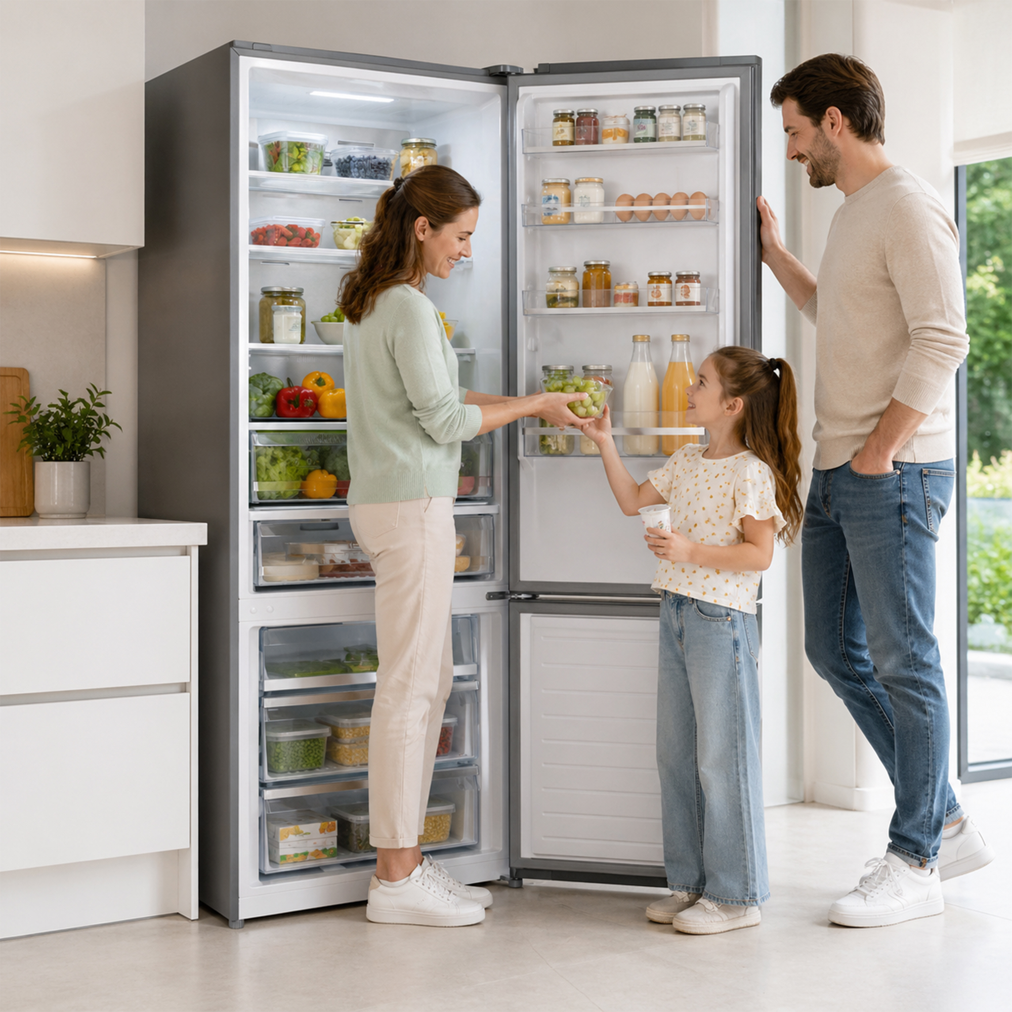 Family looking into an open refrigerator filled with food. A girl takes grapes.