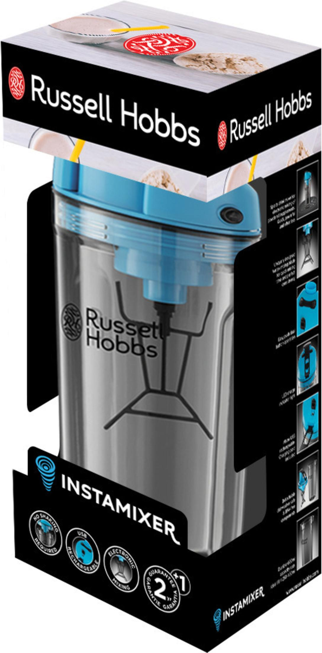 Paslanmaz çelik sürahi ve mavi kapaklı Russell Hobbs Instamixer ambalajı.