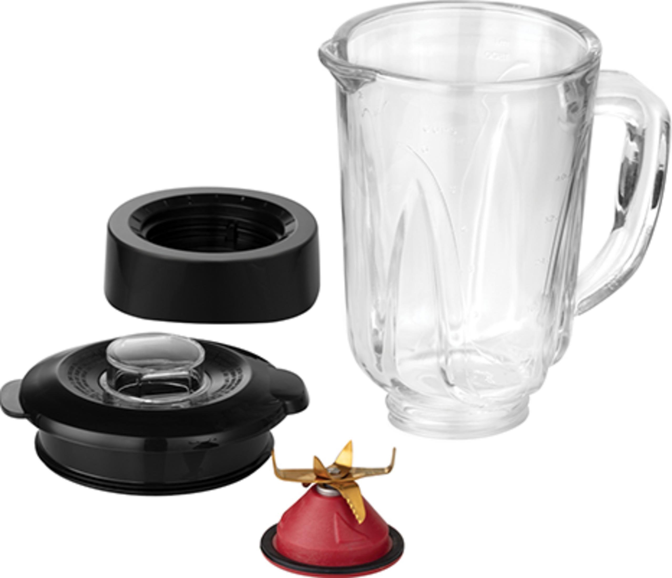 Glaskrug, schwarzer Deckel, schwarzer Ring und Messereinheit mit rotem Sockel.