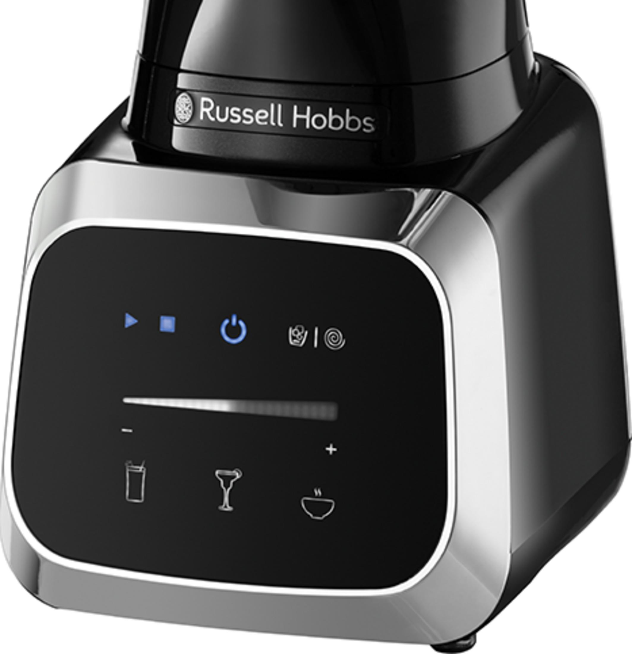 Ein Russell Hobbs Mixer mit digitaler Steuerung und Symbolen für Saft, Eis und Suppe.