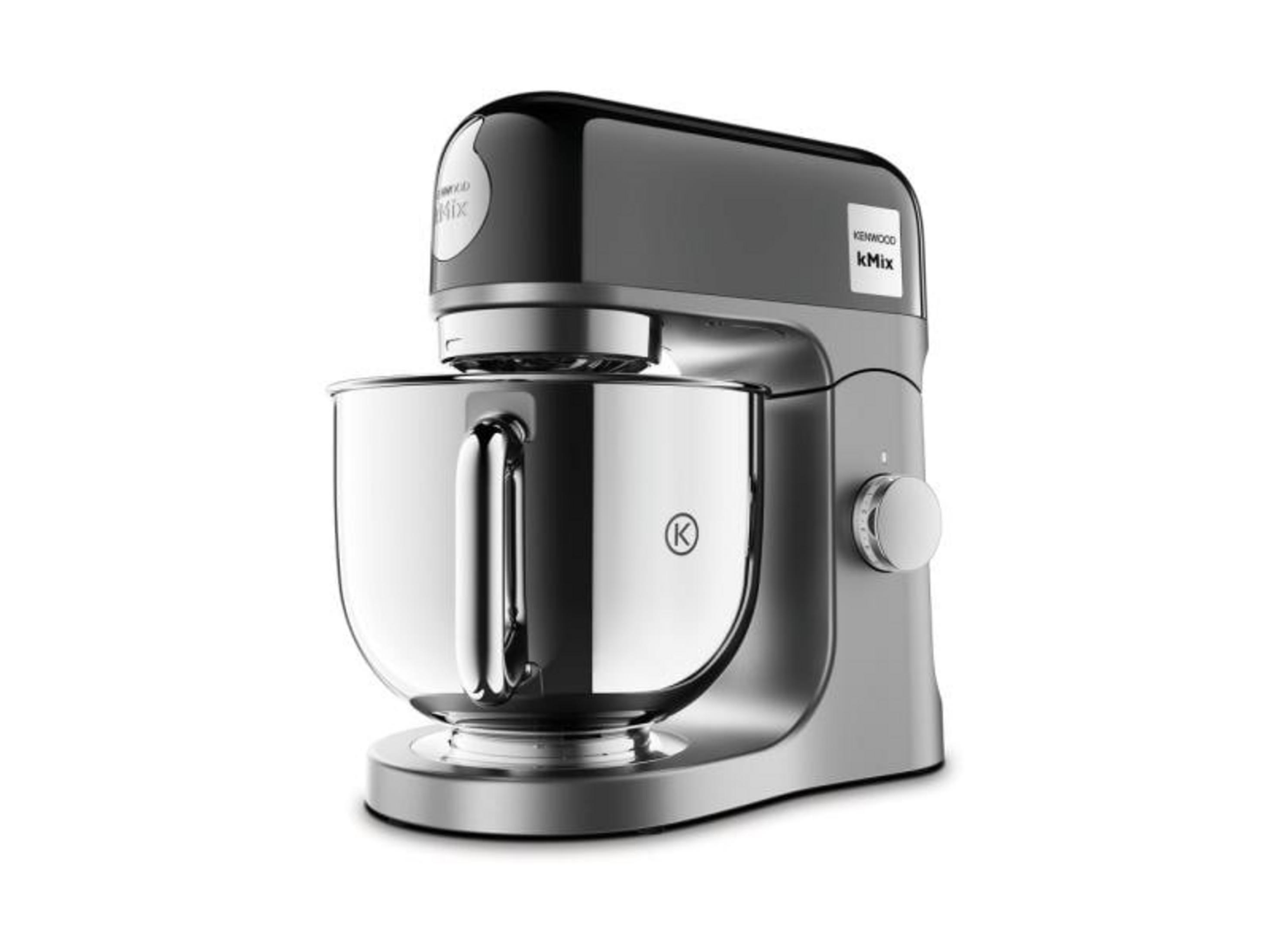 Grauer Kenwood Kmix Küchenmixer mit poliertem Metallschüssel und schwarzem Oberteil.
