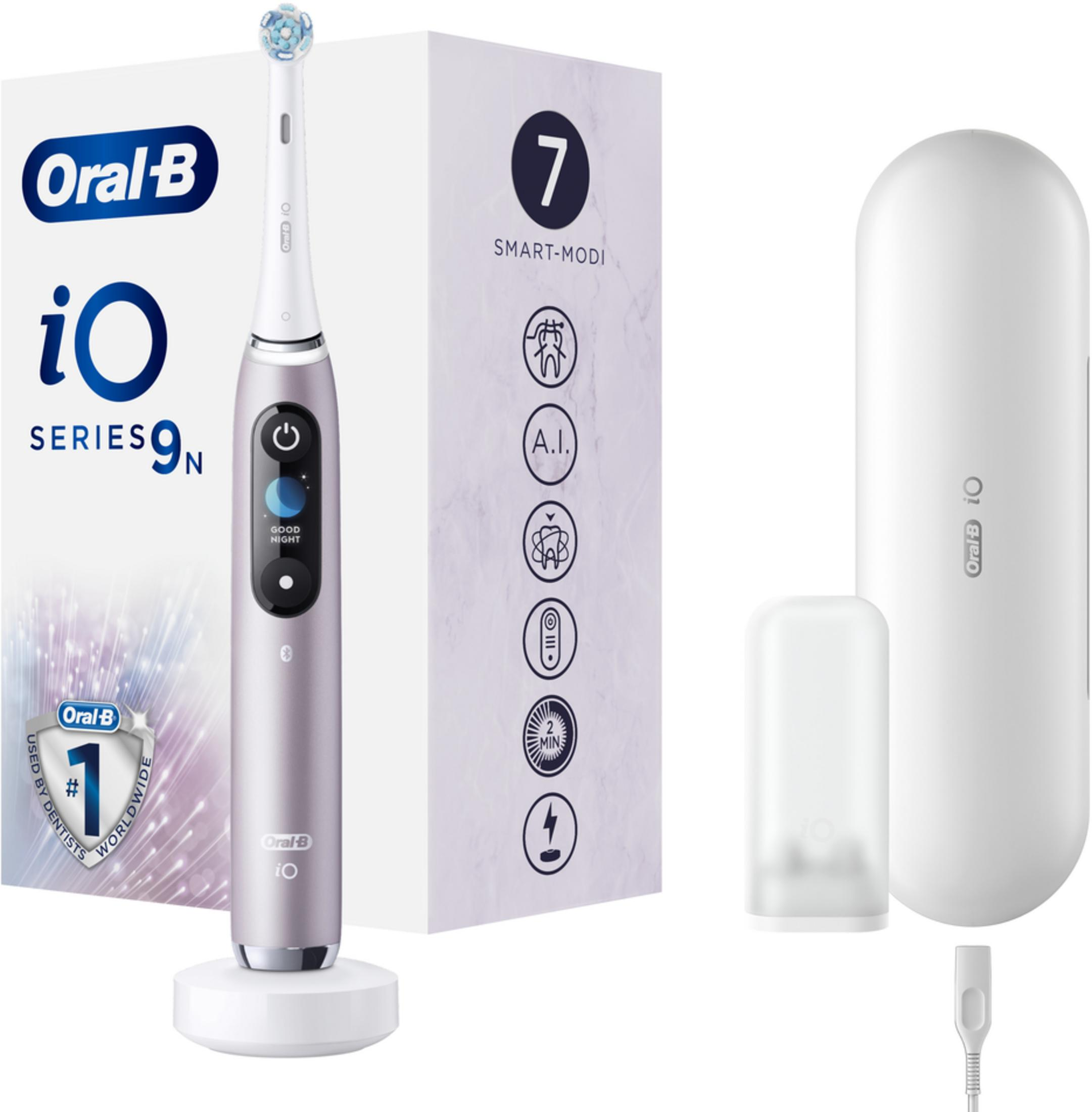 Uno spazzolino elettrico Oral-B iO Series 9N viola con base di ricarica e custodia.