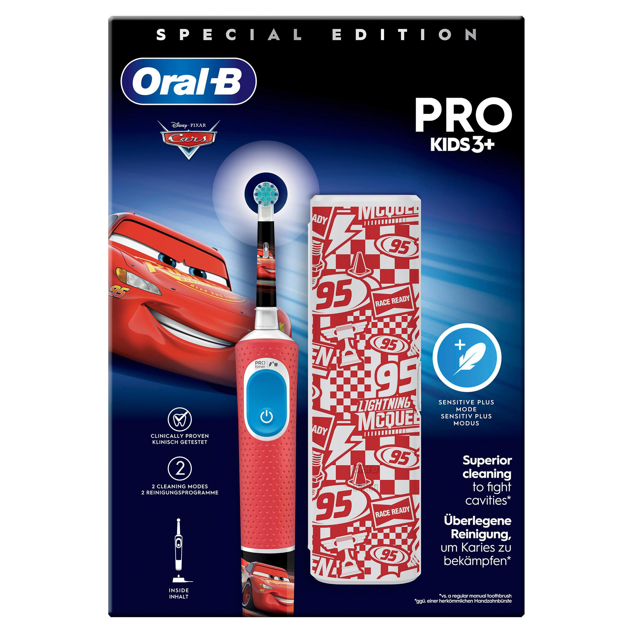 Oral-B Pro Kids 3+ elektrische Zahnbürste mit Lightning McQueen-Design, Rot.