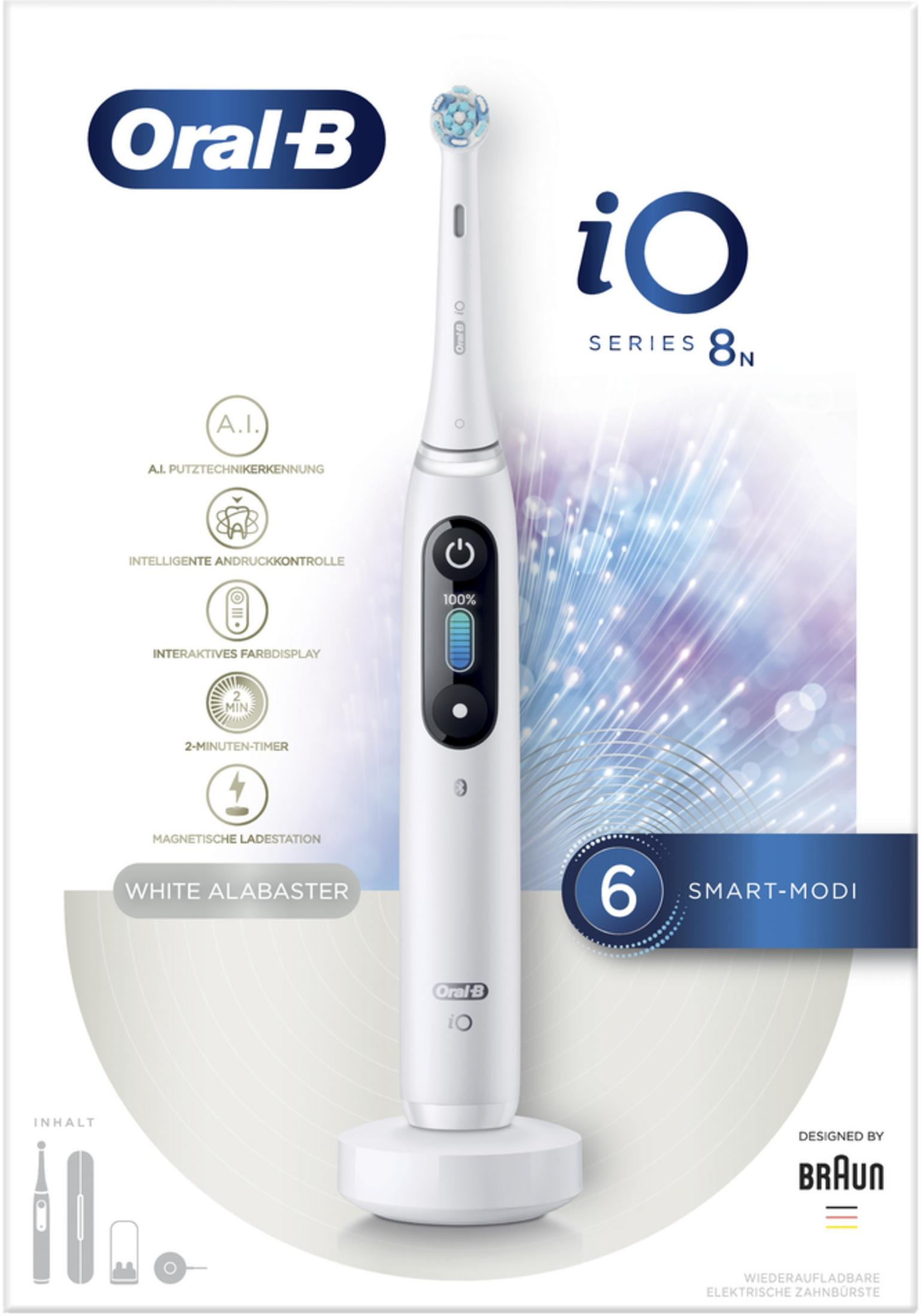Spazzolino elettrico Oral-B iO Serie 8N bianco con base di ricarica e accessori.