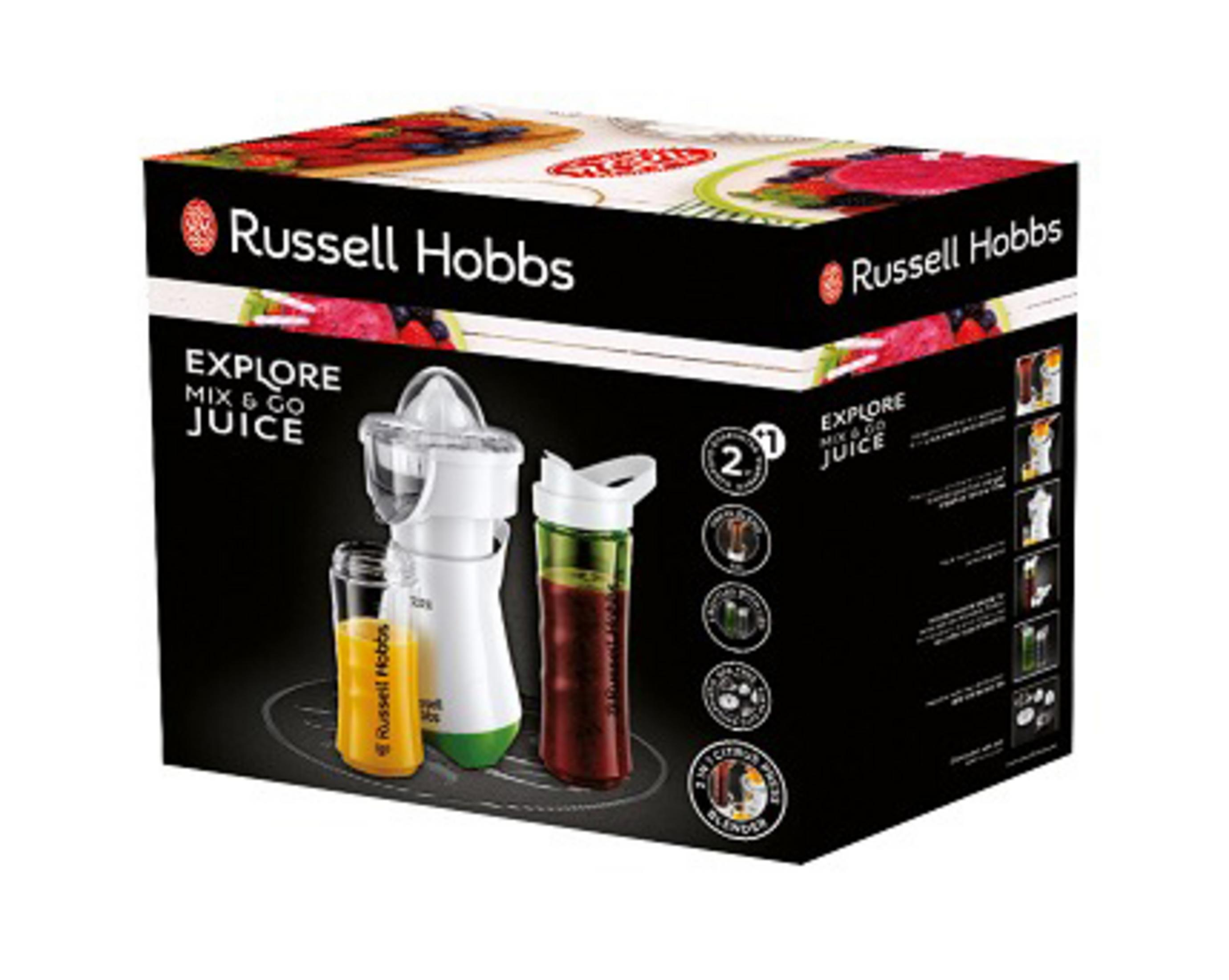 Verpackung eines Russell Hobbs Entsafters mit Fruchtbildern und Produktabbildungen.
