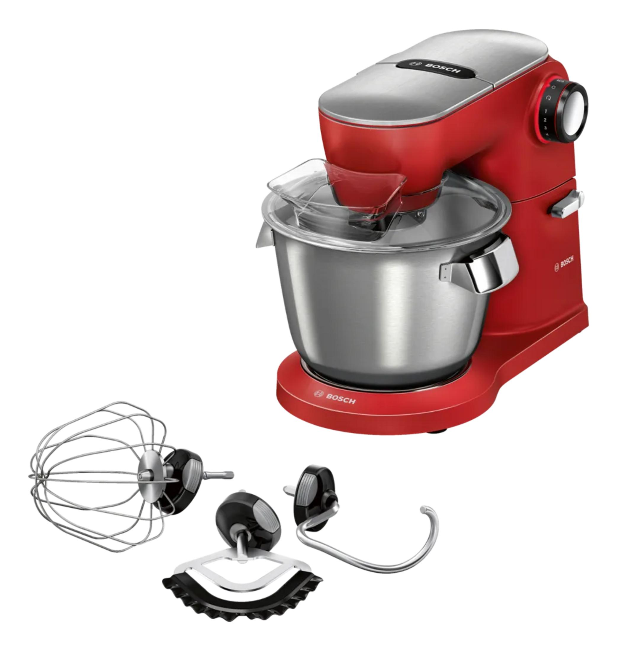 Impastatrice rossa con ciotola in acciaio inox e accessori.