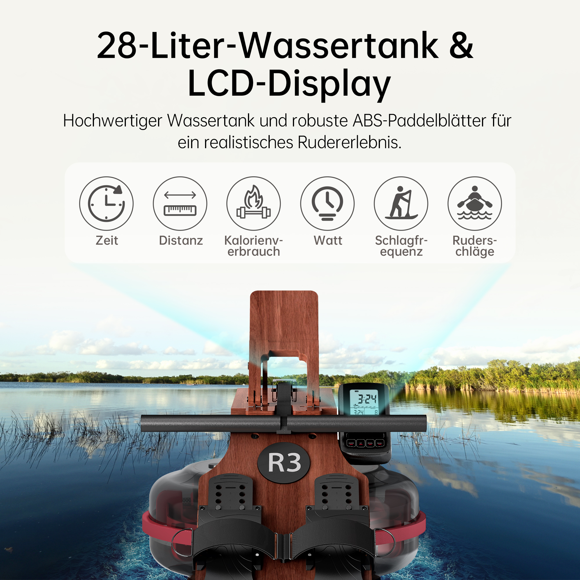 Ein Rudergerät mit Holzverkleidung steht auf einem See. Icons zeigen Zeit, Distanz, Kalorien, Watt, Frequenz, Schläge.