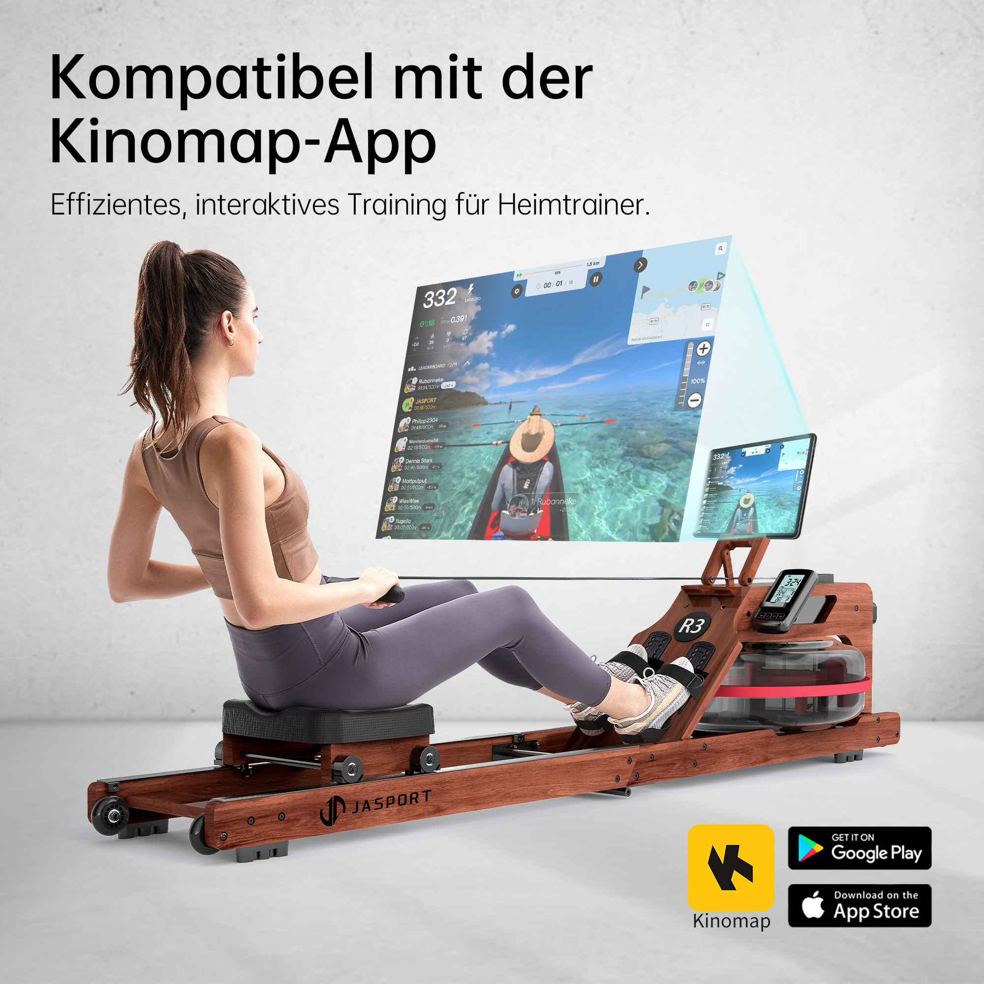 Frau auf einem Holz-Rudergerät, das eine virtuelle Ruderlandschaft projiziert.