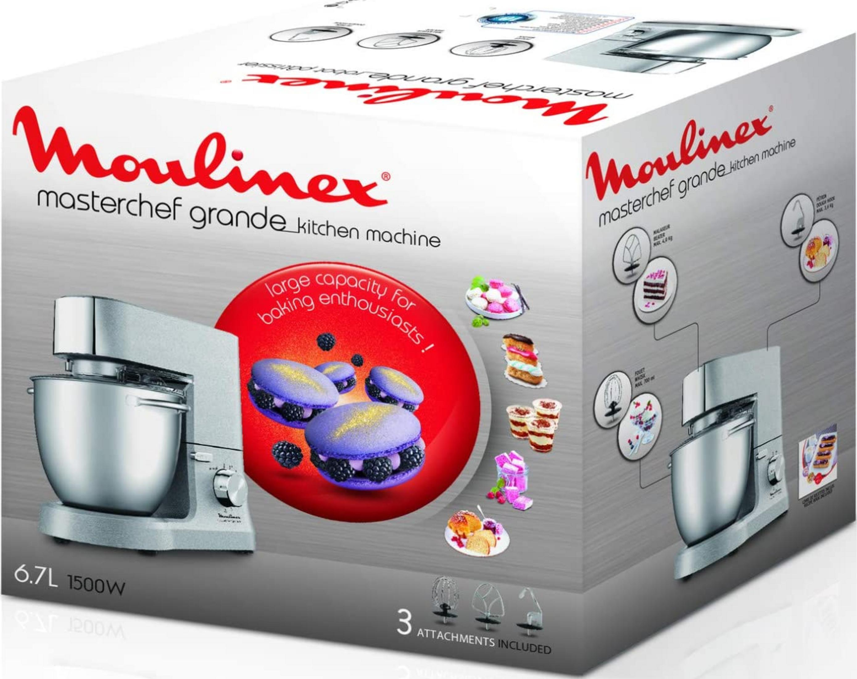 Moulinex Küchenmaschine mit silberner Schüssel, mit Gebäckbildern auf der Verpackung.