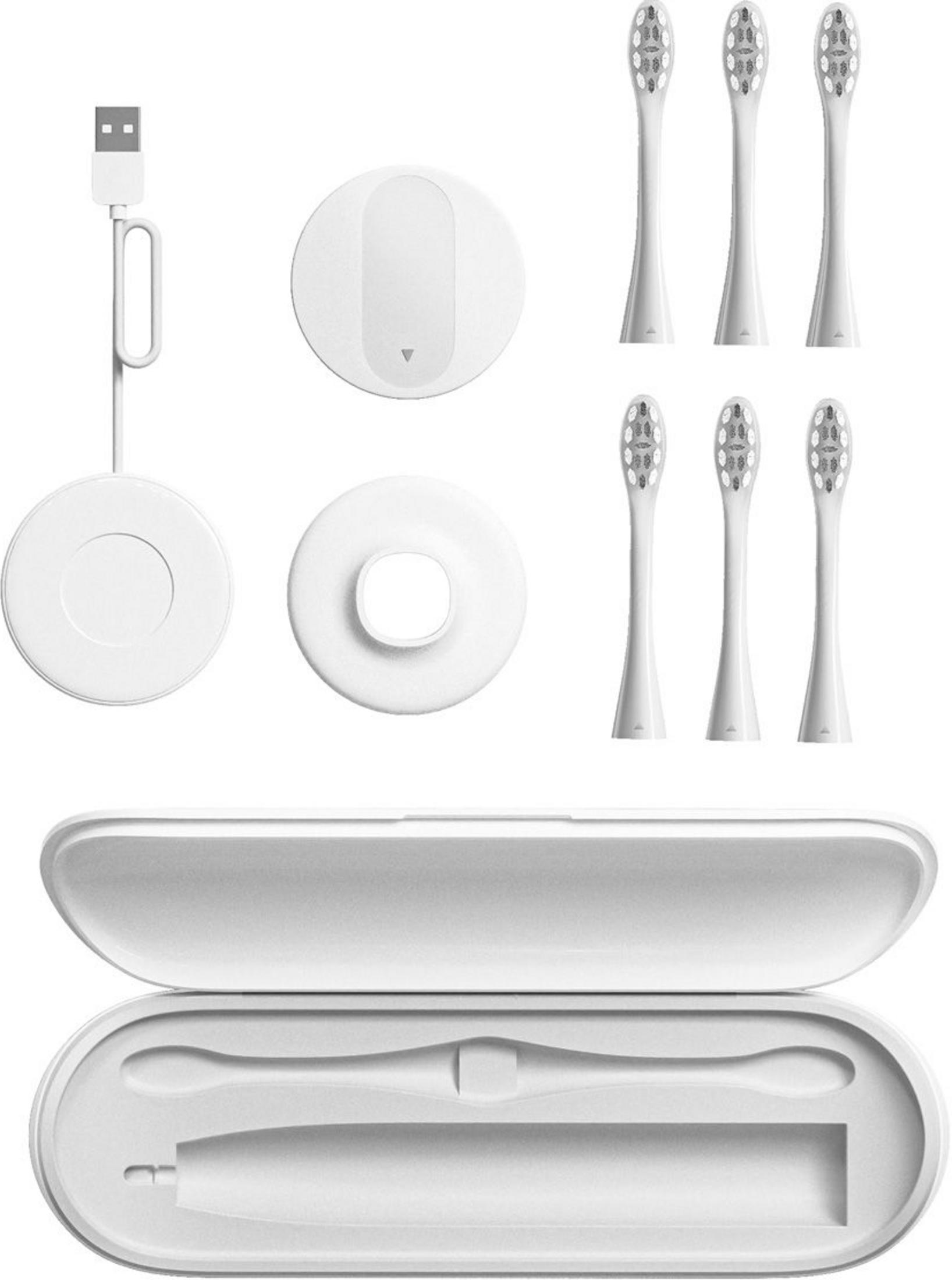 Biała szczoteczka elektryczna z ładowarką, kablem, końcówkami i etui.