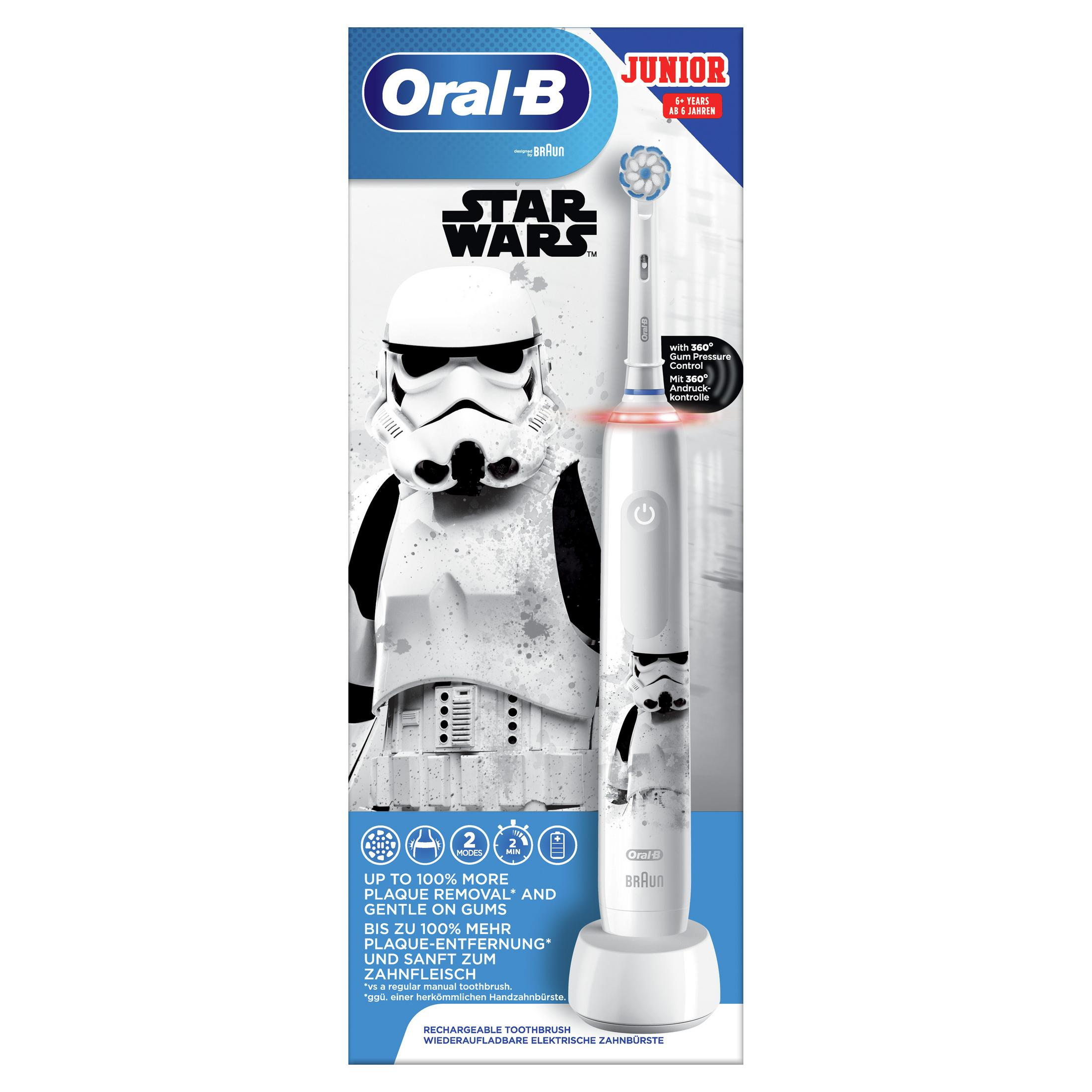 Eine weiße Oral-B Junior Zahnbürste mit Star Wars Motiv und einem Stormtrooper.