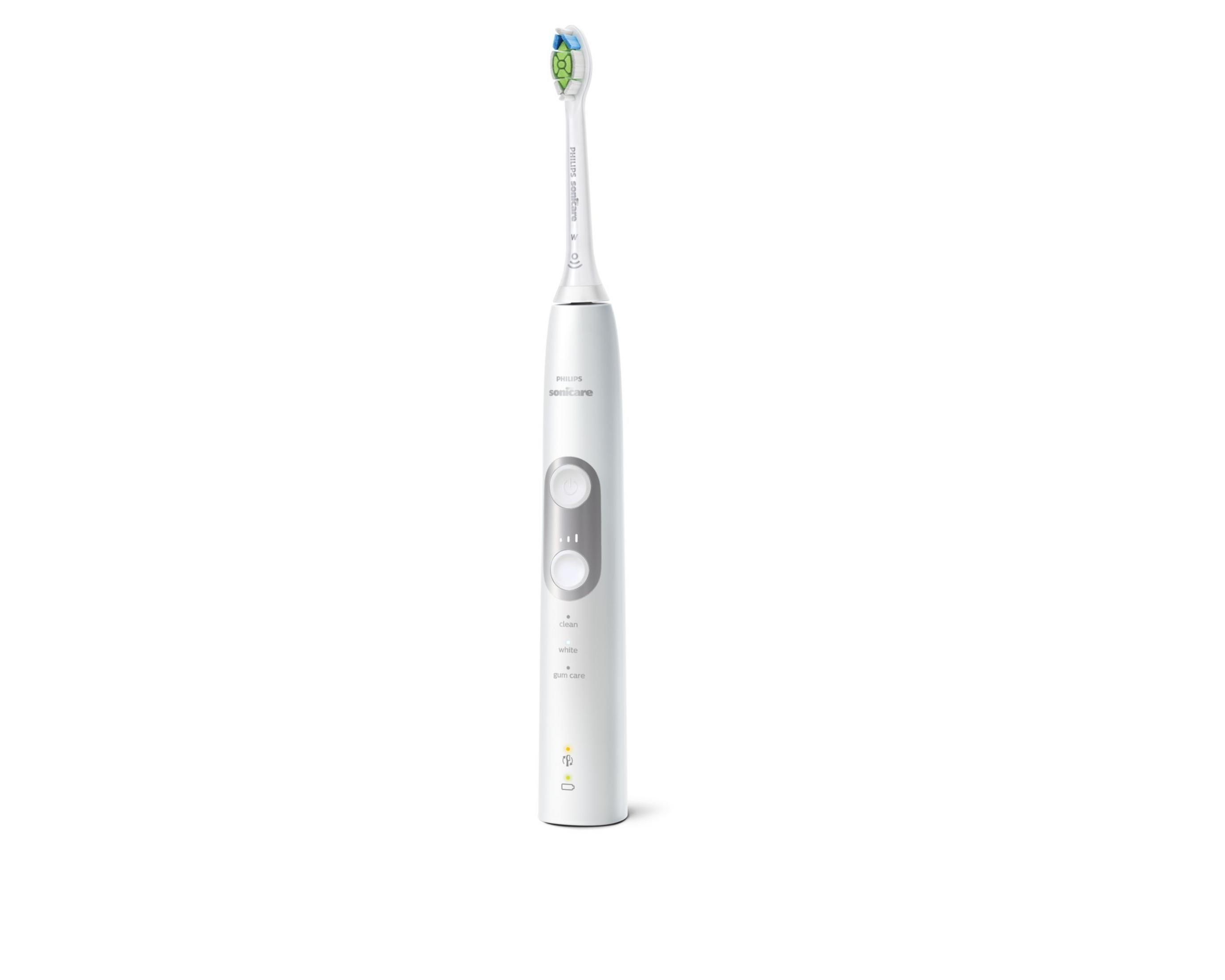 Uno spazzolino elettrico bianco con testina blu-verde e pulsanti di controllo.