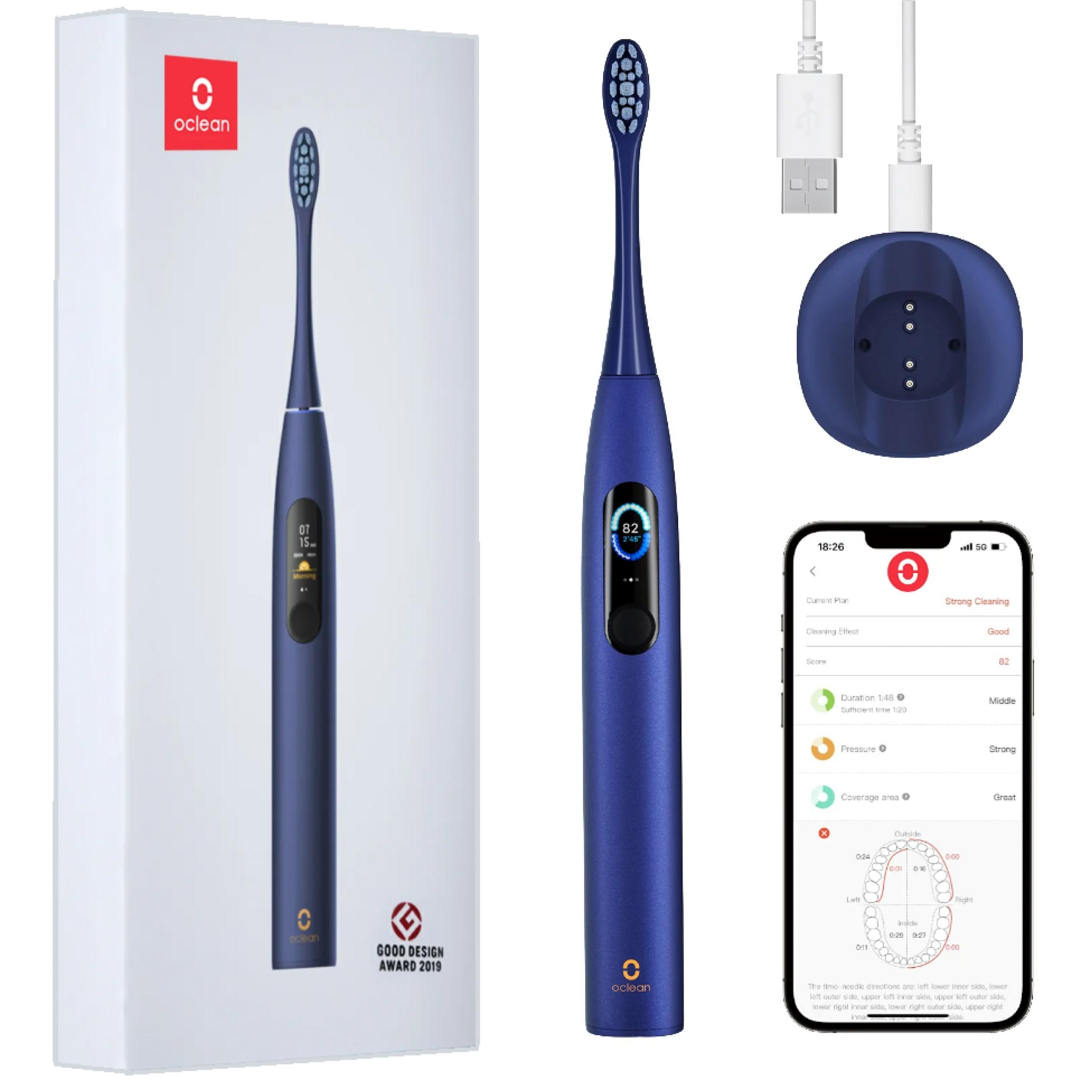 Ein blaues Oclean Zahnbürsten-Set mit Verpackung, Ladestation, USB-Kabel und App.