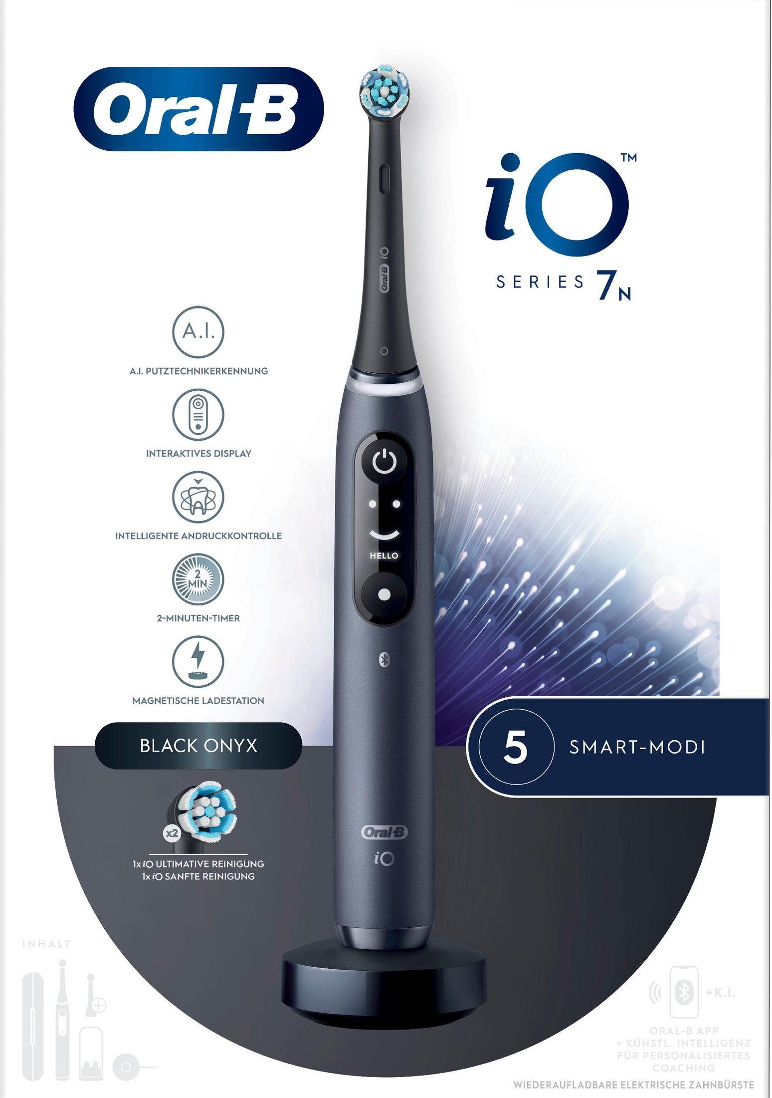 Spazzolino Oral-B iO Series 7N grigio con base di ricarica, logo iO e funzioni.