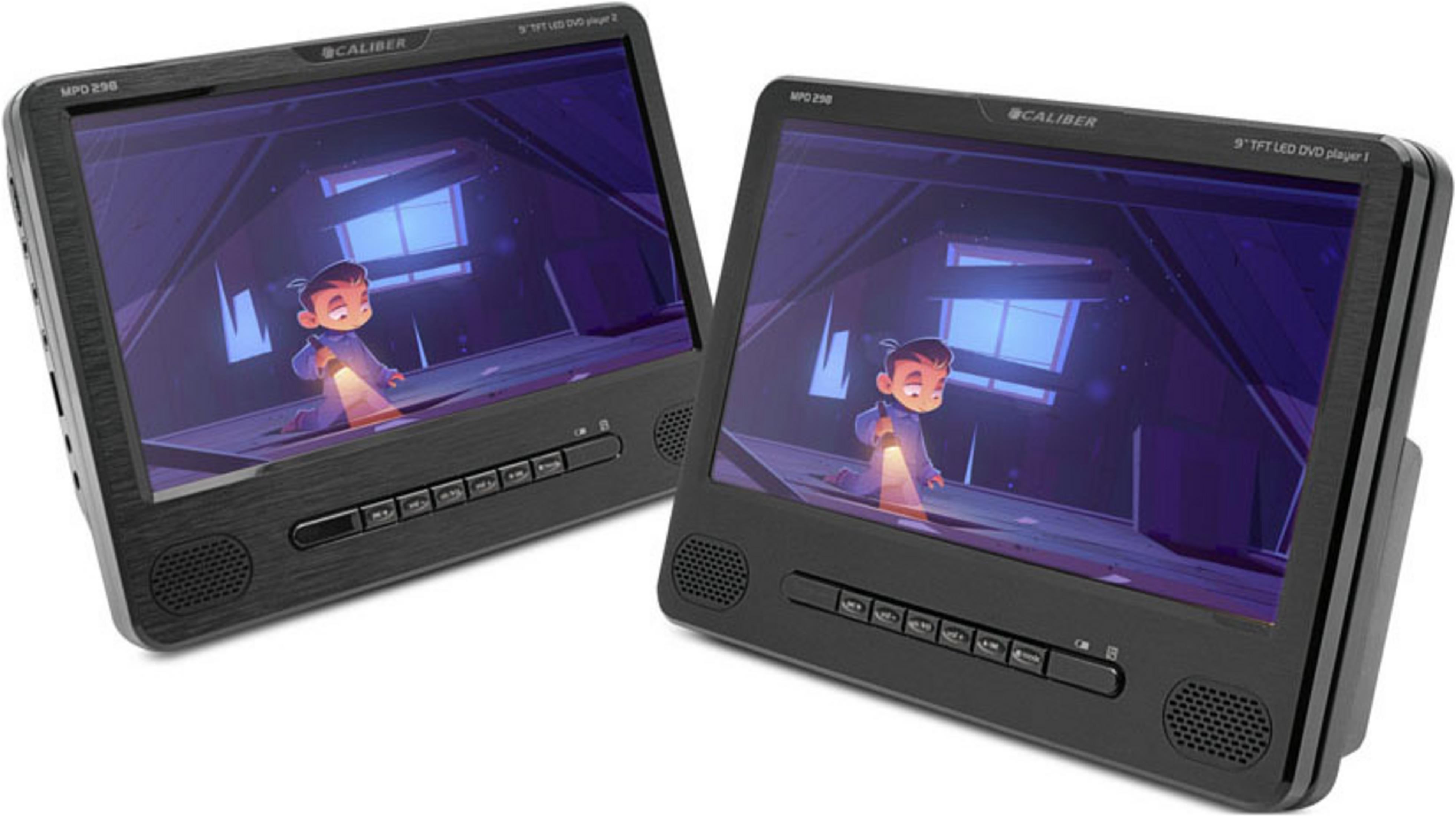 Zwei schwarze tragbare DVD-Player mit Cartoon-Motiv auf den Bildschirmen.
