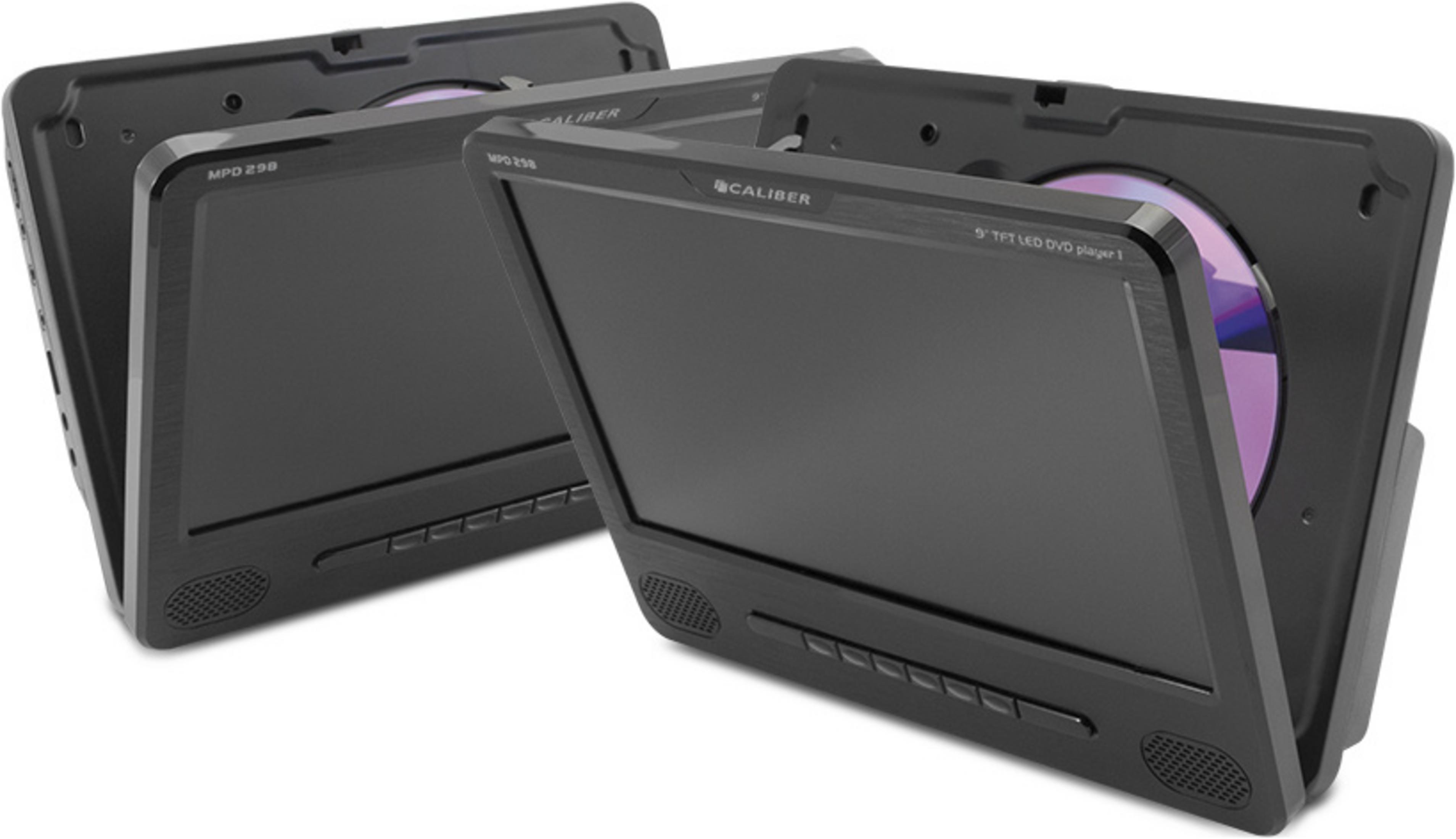 Zwei schwarze, tragbare DVD-Player mit geöffneten Bildschirmen und Discs.