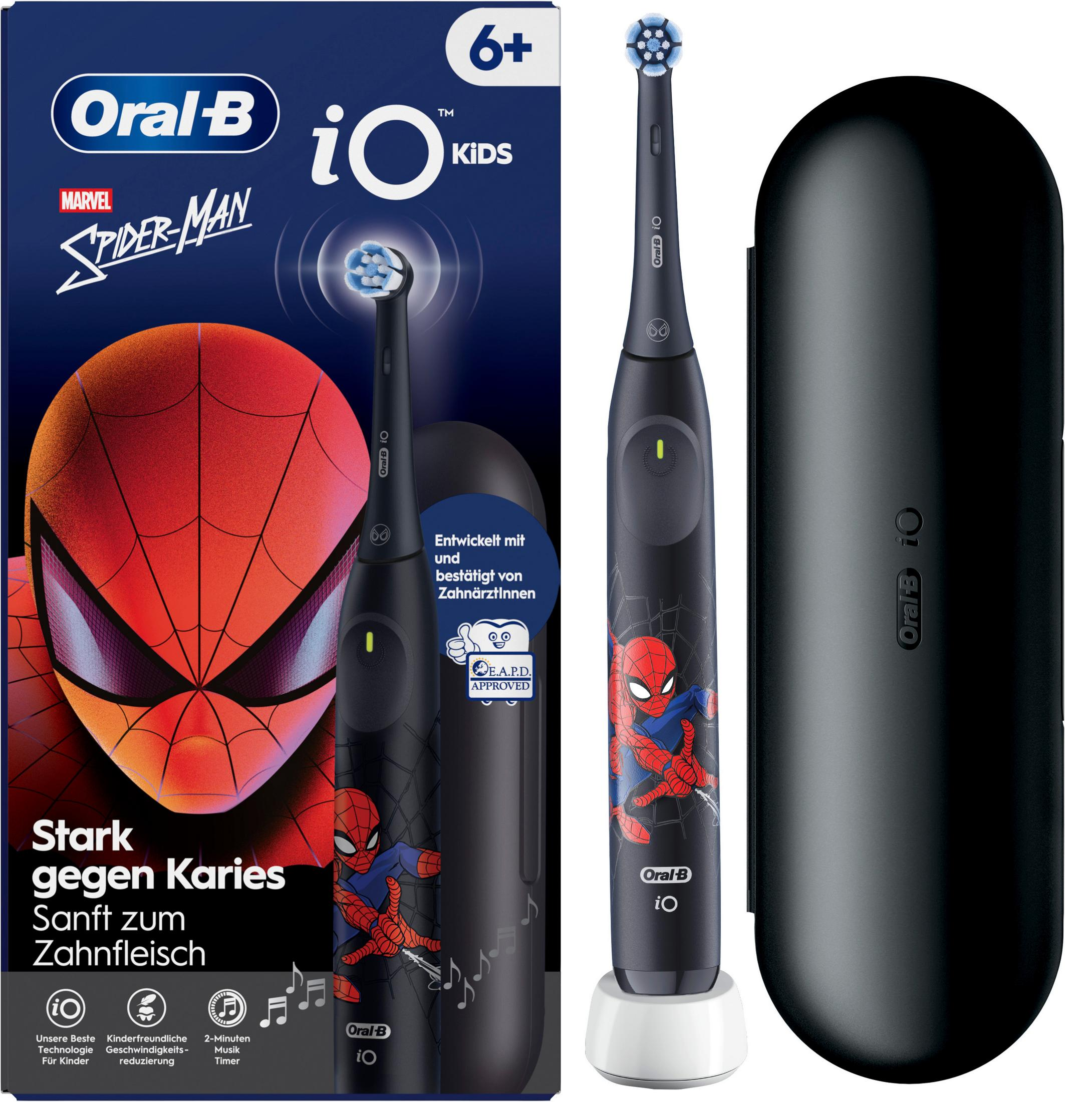 Elektryczna szczoteczka do zębów Oral-B iO Kids z motywem Spider-Mana, ładowarką i etui.