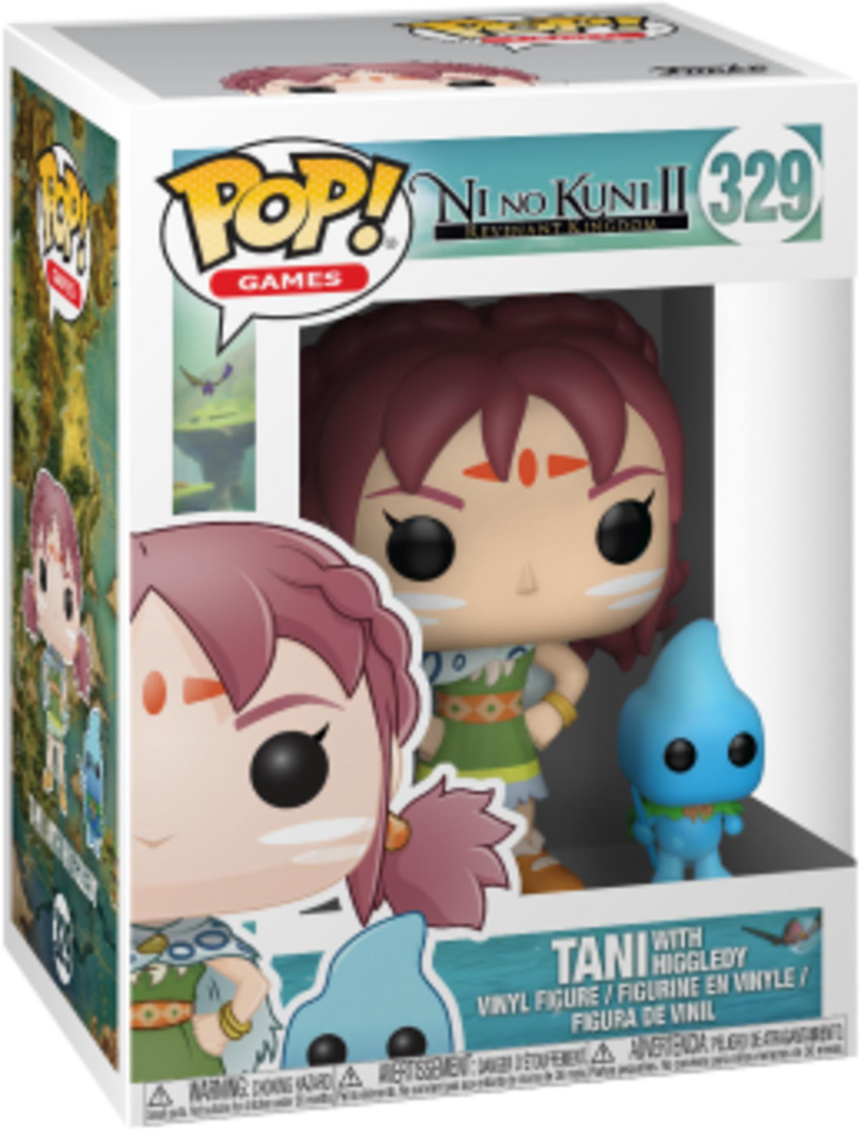 Funko Pop Vinyl Figur von Tani mit Higgledy aus Ni no Kuni II. Grüne Kleidung, rote Haare.