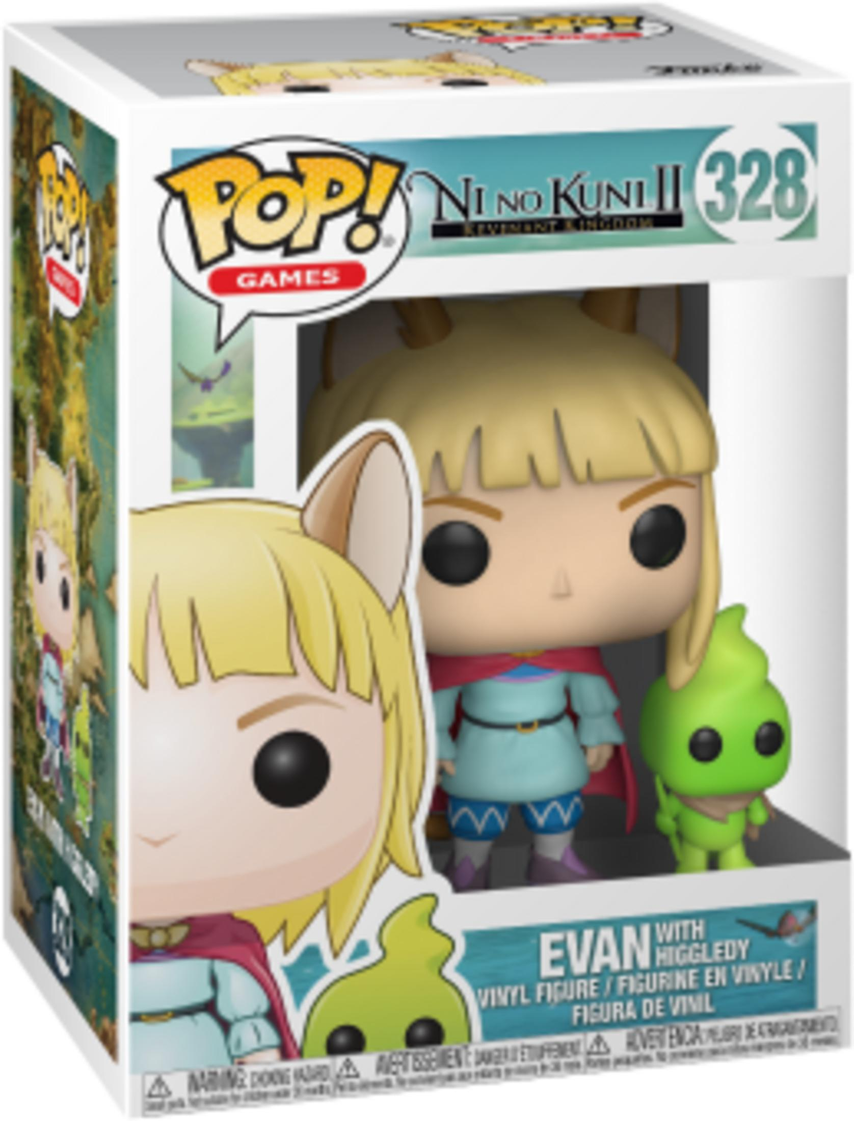 Pop!-Figur von Evan mit Higgledy aus Ni no Kuni II, mit gelben Haaren und rotem Umhang.