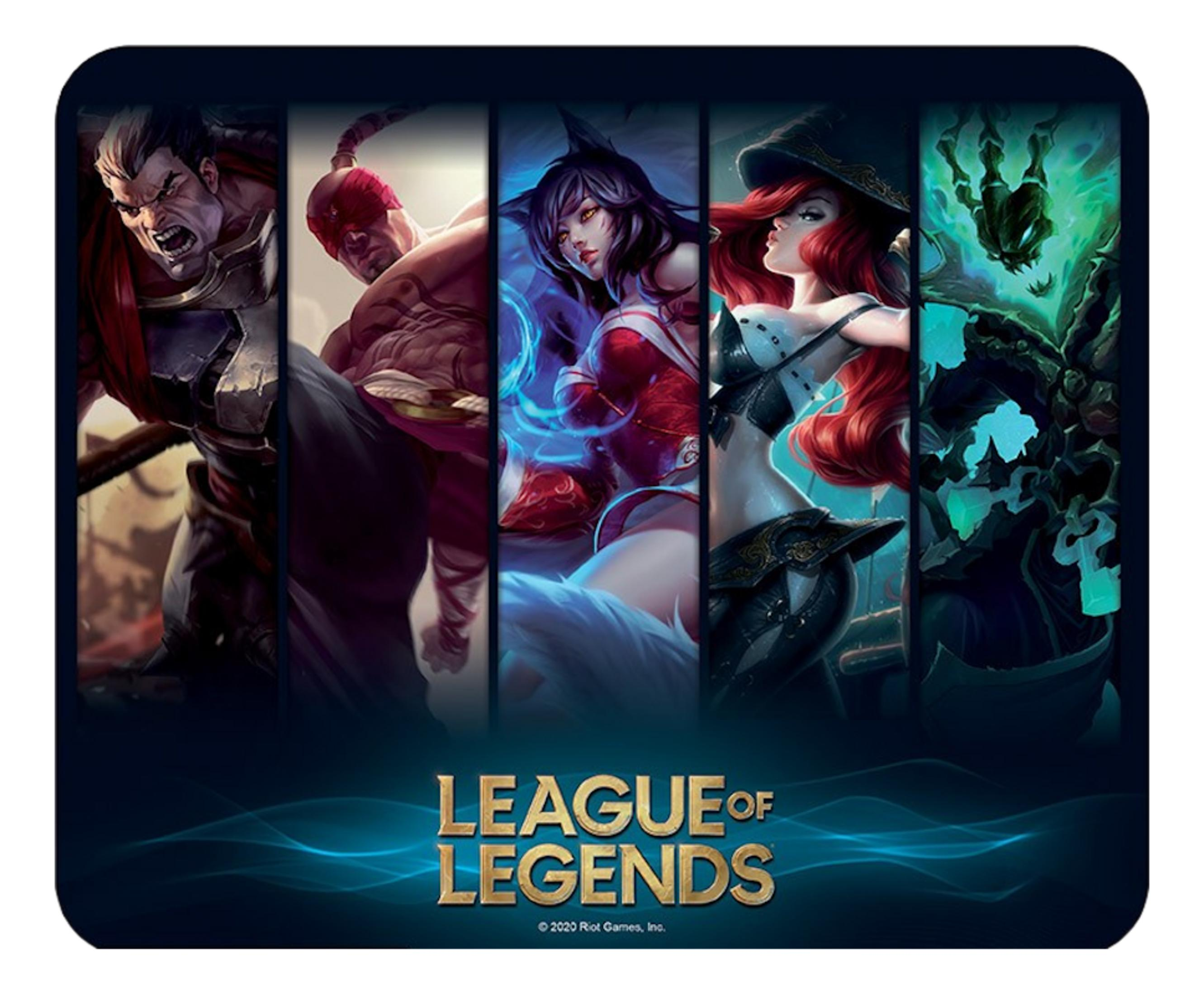 League of Legends Logo mit fünf Charakteren: Darius, Yasuo, Ahri, Miss Fortune und Thresh.