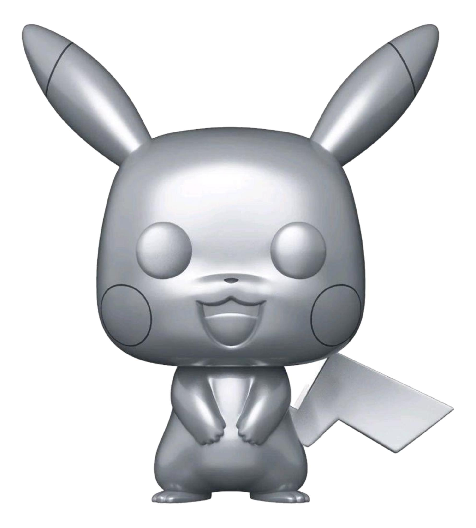 Eine silberne Pikachu-Figur mit langen Ohren, runden Wangen und einem Blitzschwanz.