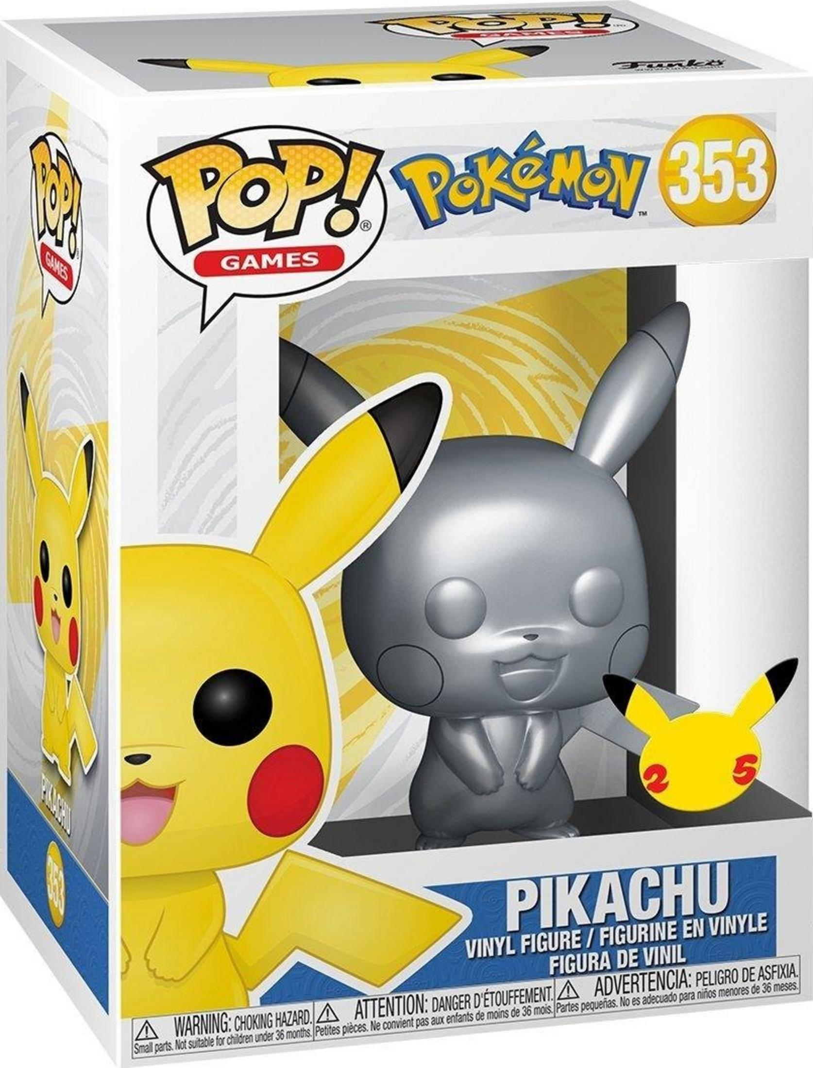 Funko Pop! Pikachu Vinylfigur in Verpackung, mit gelbem Pikachu links und silbernem Pikachu rechts.