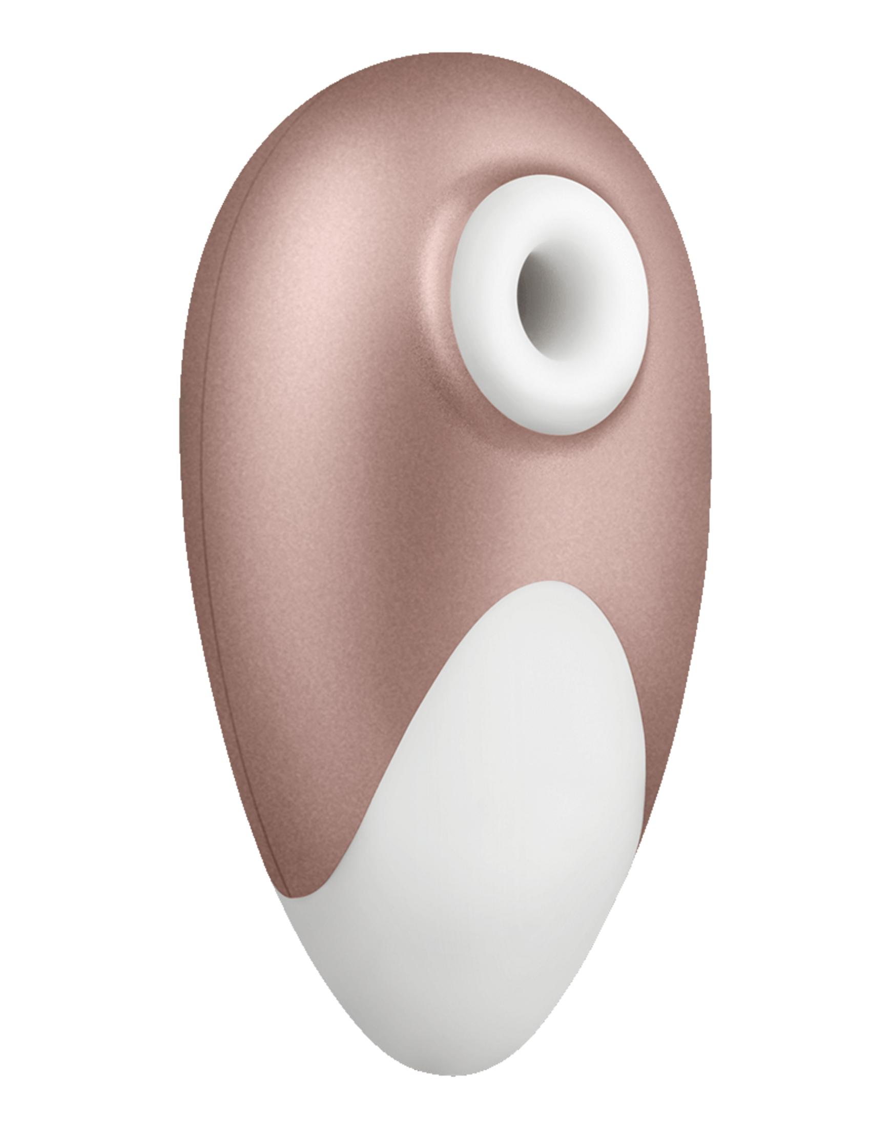 Ein roségoldenes, eiförmiges Gerät mit einem weißen Ring. Weißer Hintergrund.