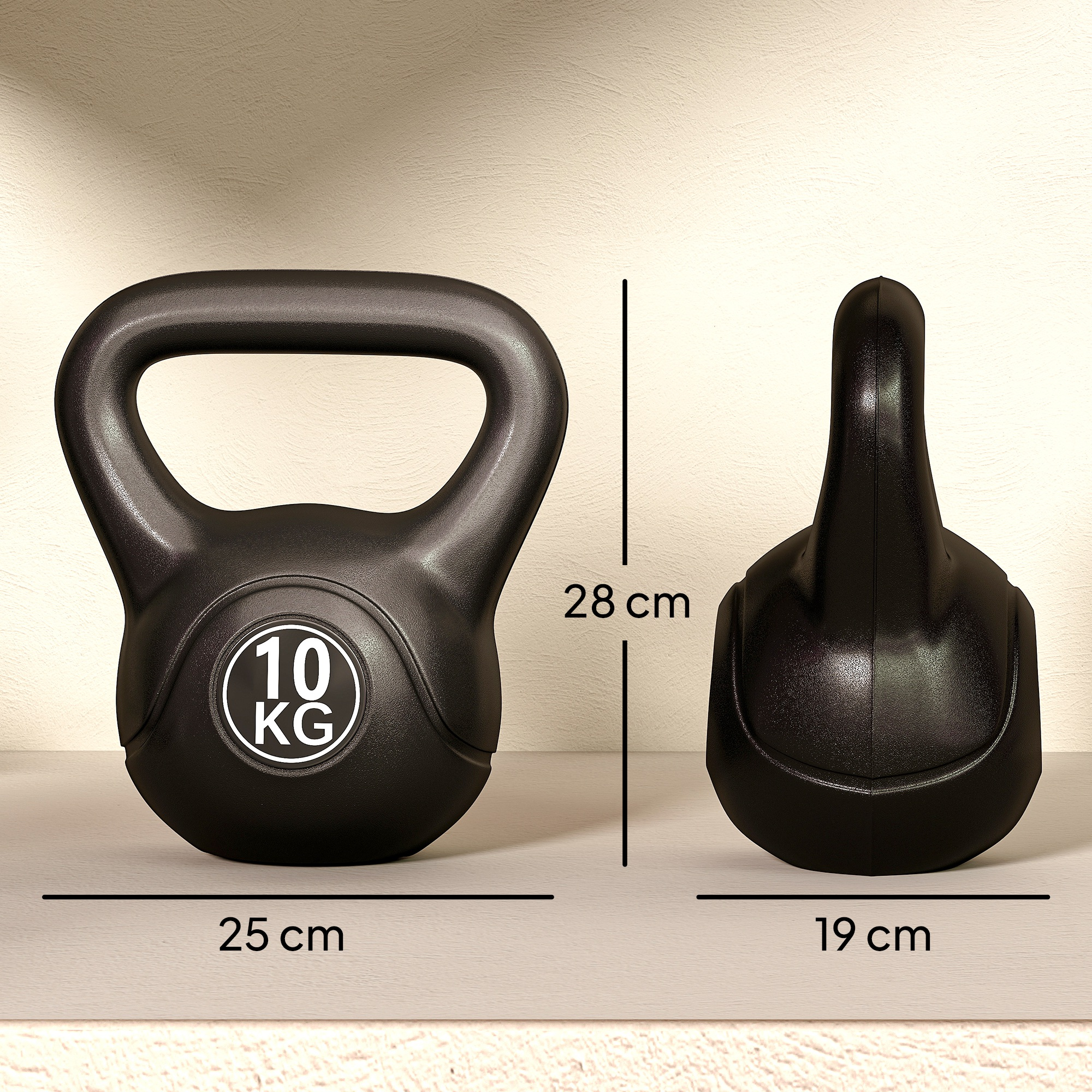Kettlebell negra de 10 kg, 25 cm de ancho, 28 cm de alto. Al lado, una kettlebell negra más pequeña.