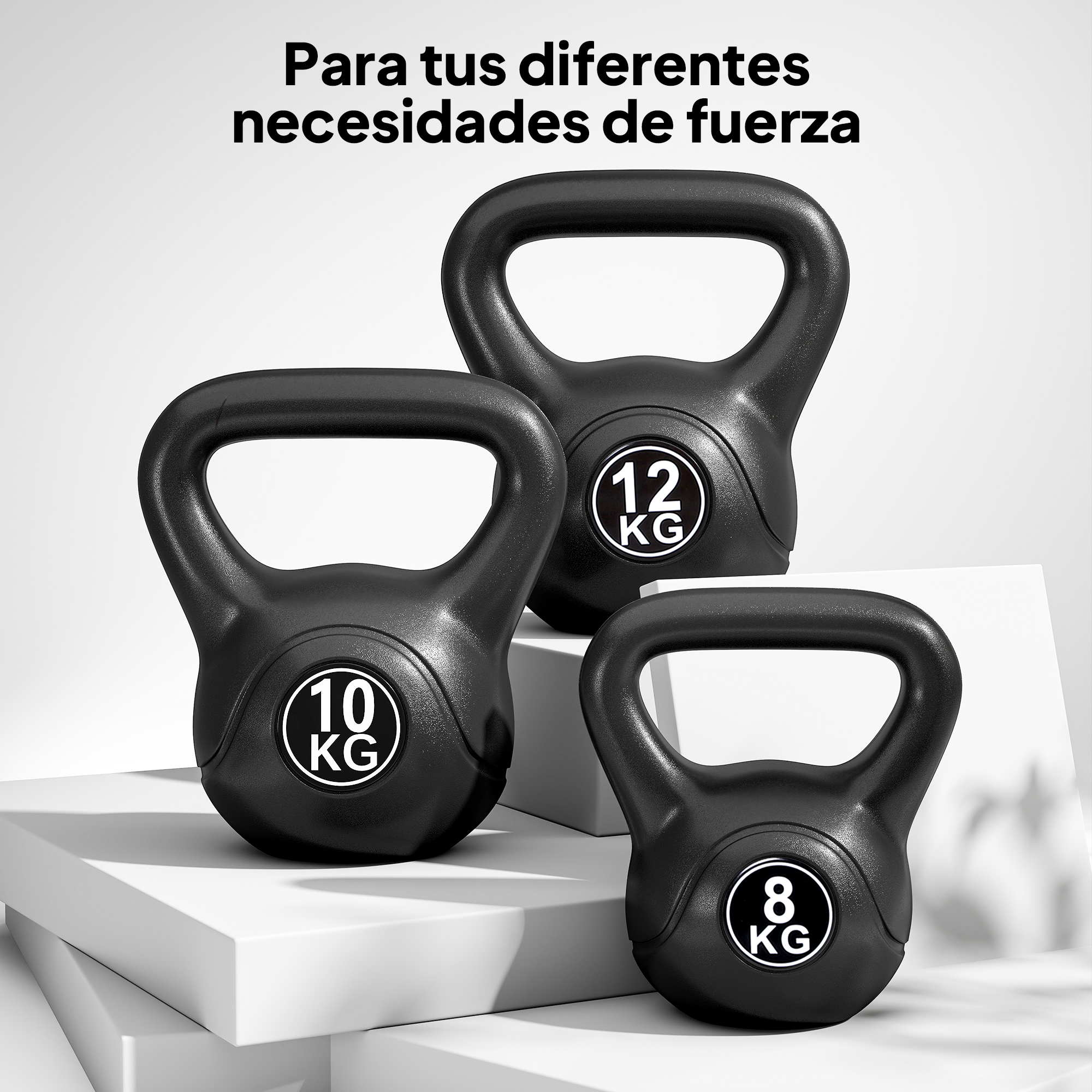 Tres pesas rusas negras de 8, 10 y 12 kg.