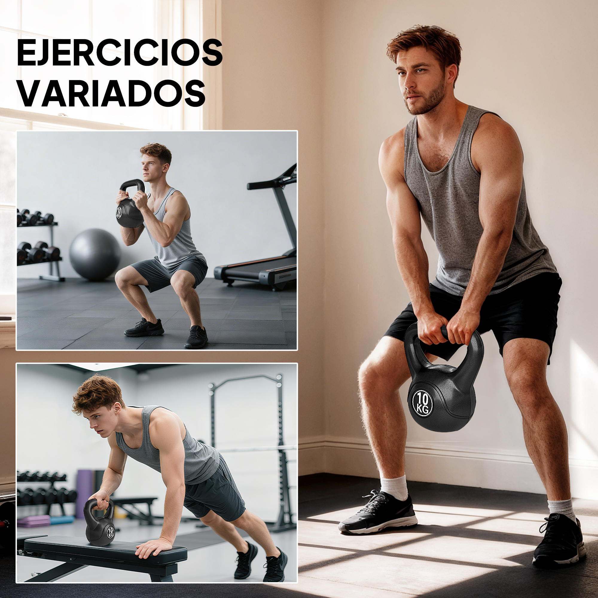 Hombre hace ejercicio con pesa rusa, sentadilla, flexión y pesas.