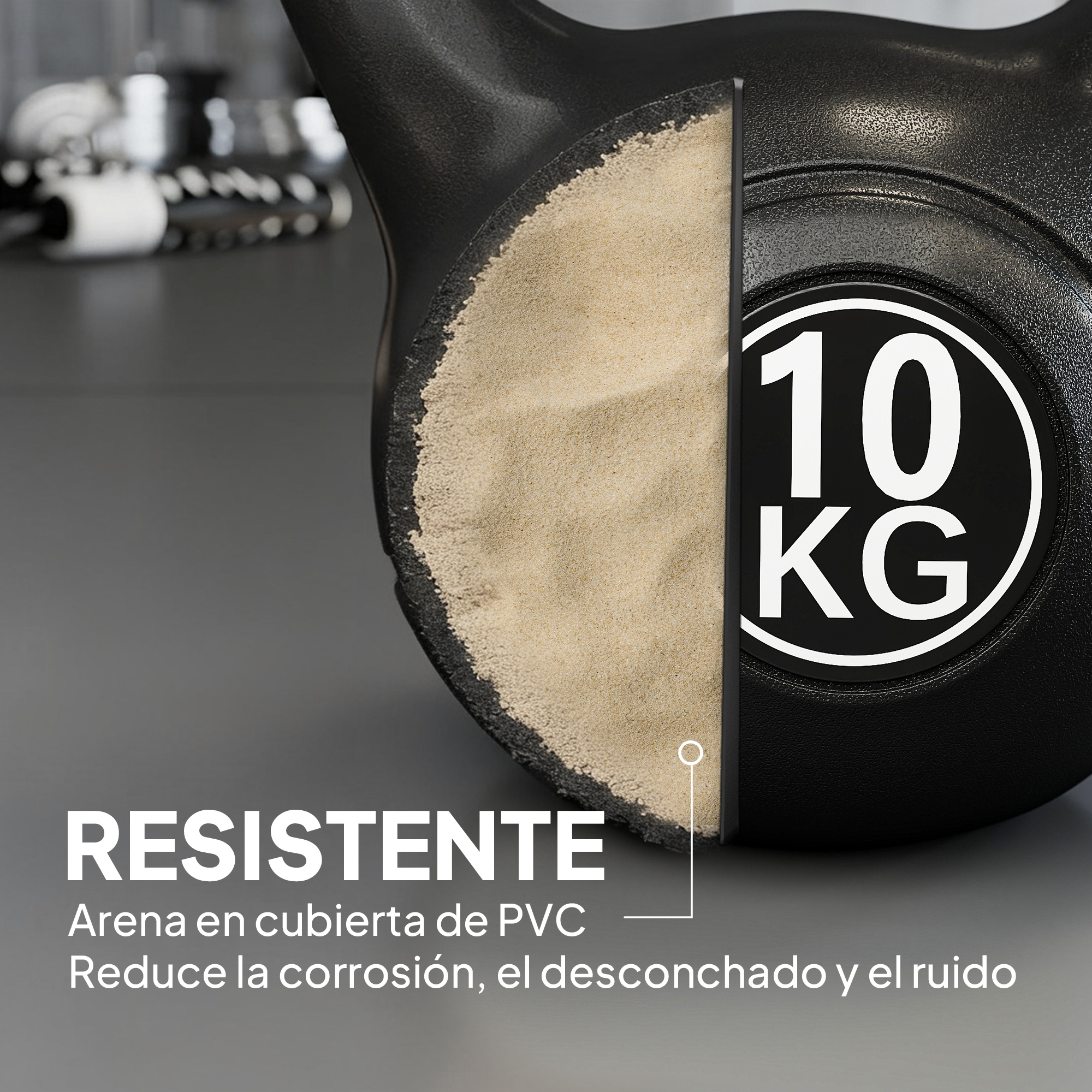 Pesa rusa negra de 10 kg con revestimiento de PVC y relleno de arena.
