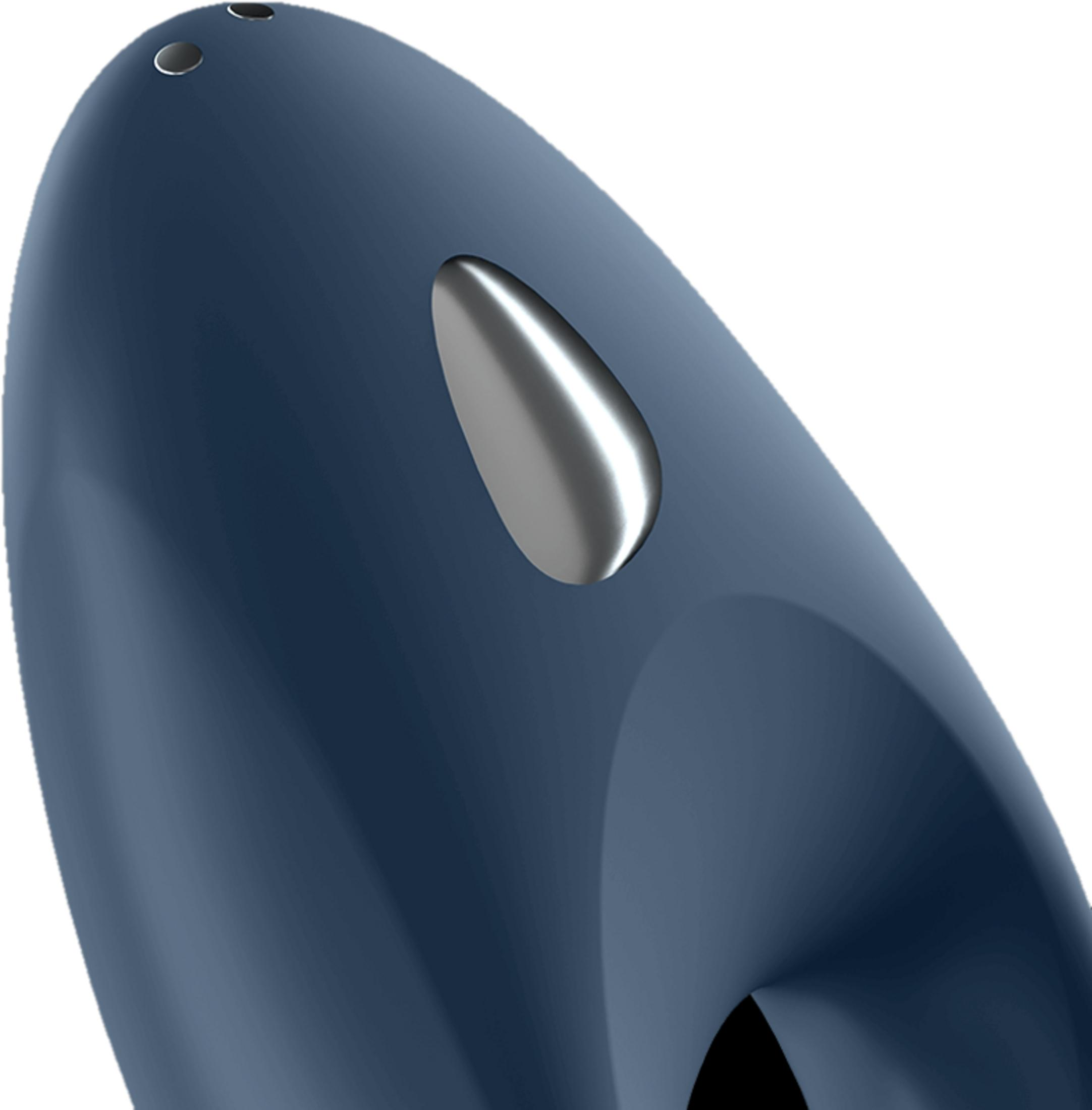 Dunkelblaue Form mit metallischer Einlage und zwei kleinen Öffnungen oben.