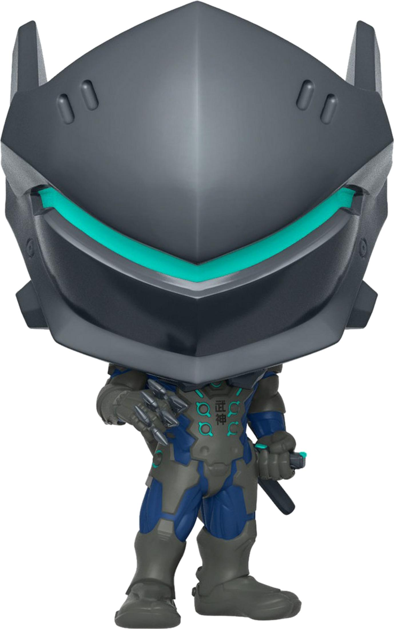 Eine Figur mit grauer und blauer Rüstung und einem großen grauen Helm mit türkisen Akzenten.