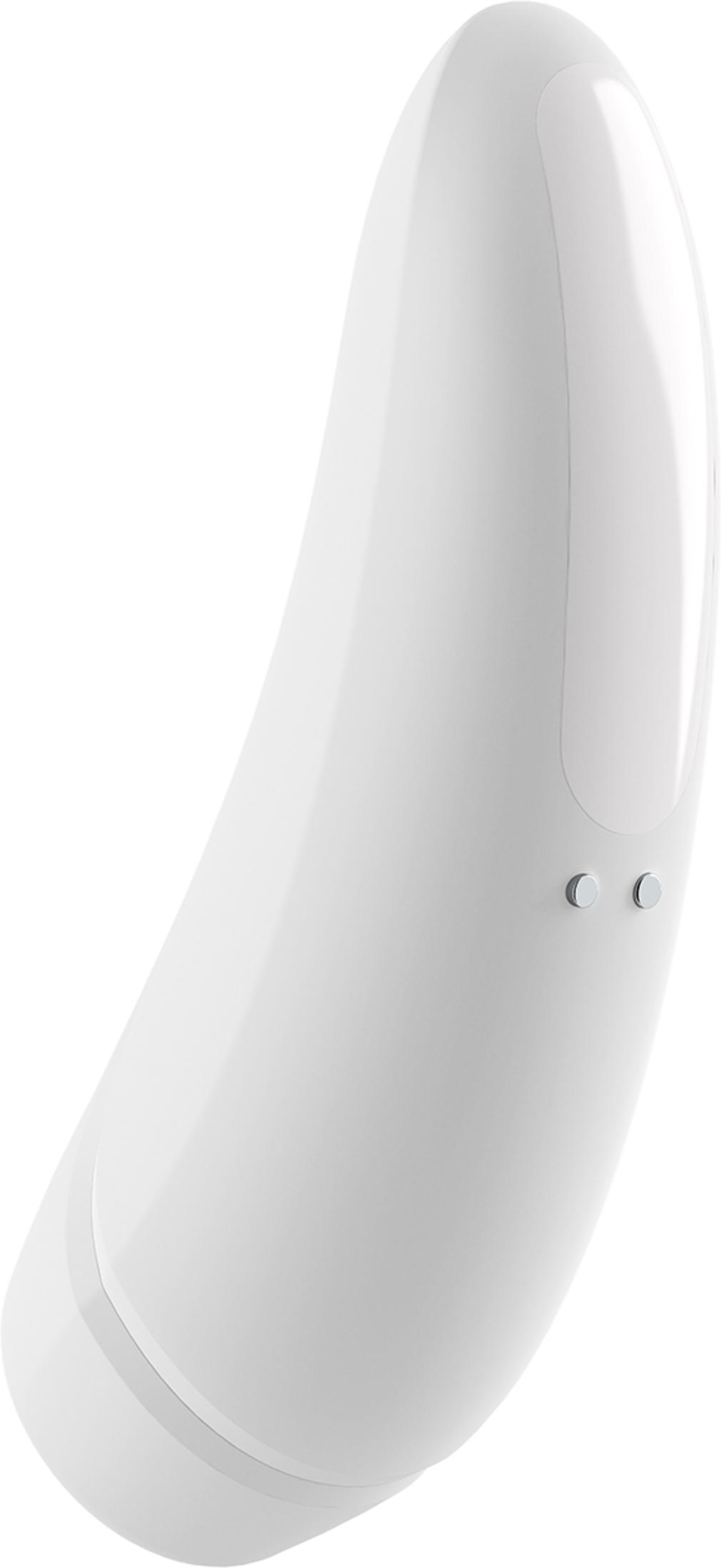 Un vibrador blanco y curvo con dos pequeños botones plateados.
