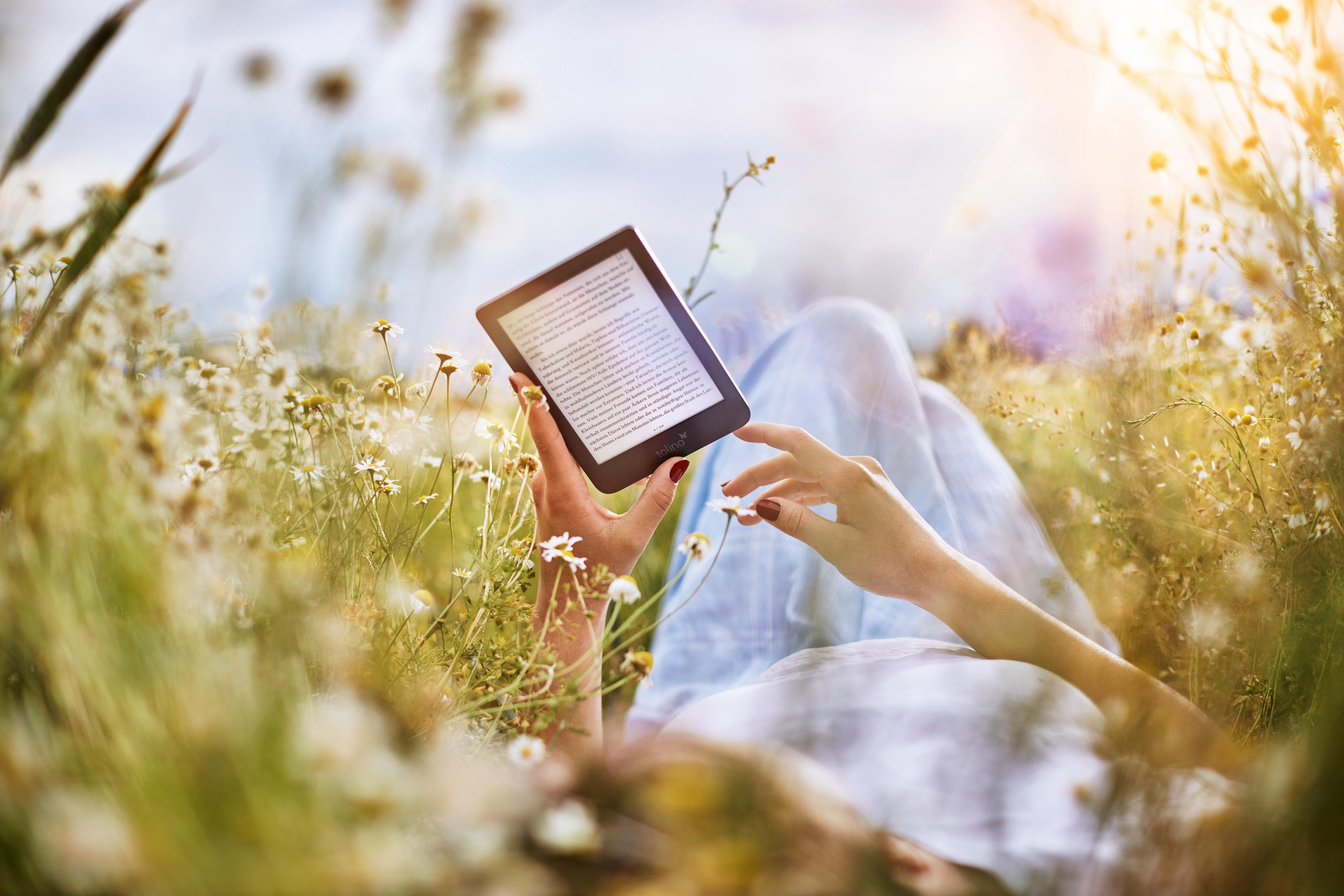 Eine Person liest E-Book in einem Feld mit Gänseblümchen.