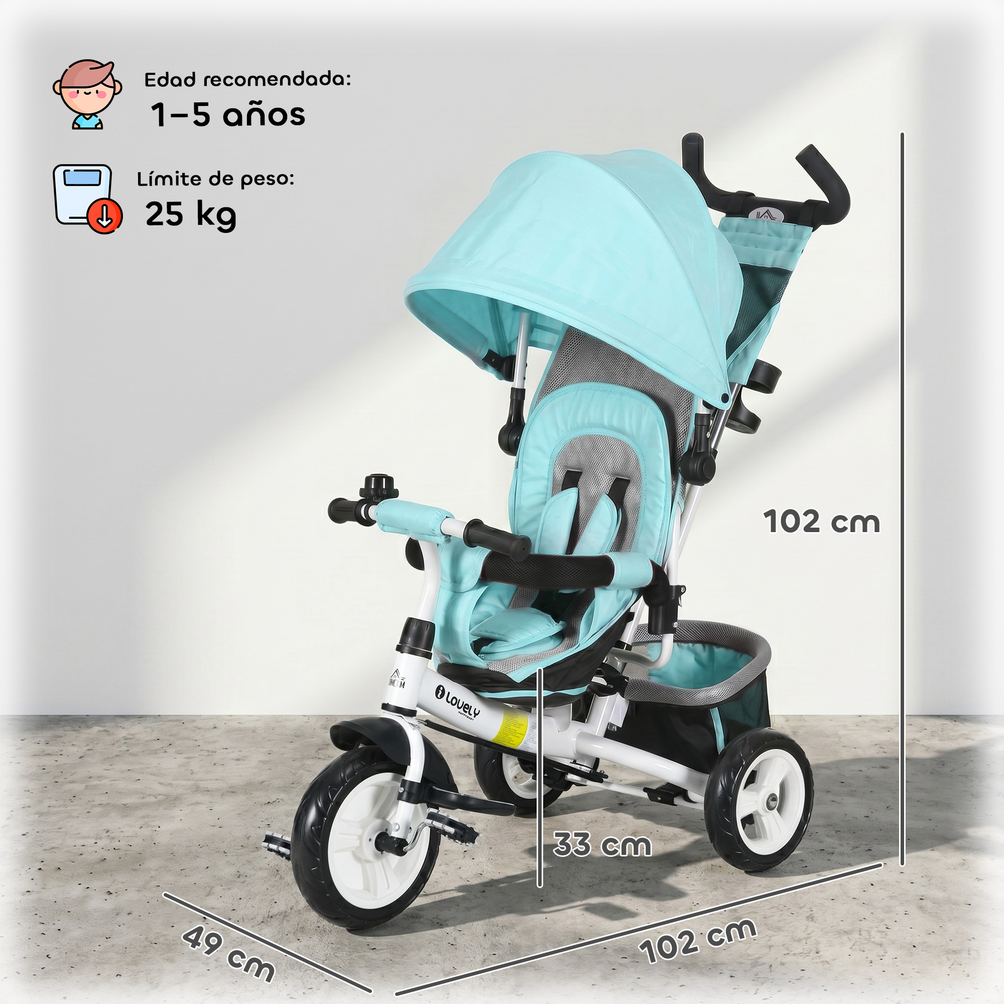 Triciclo turquesa con toldo, asiento y manija. Dimensiones indicadas.
