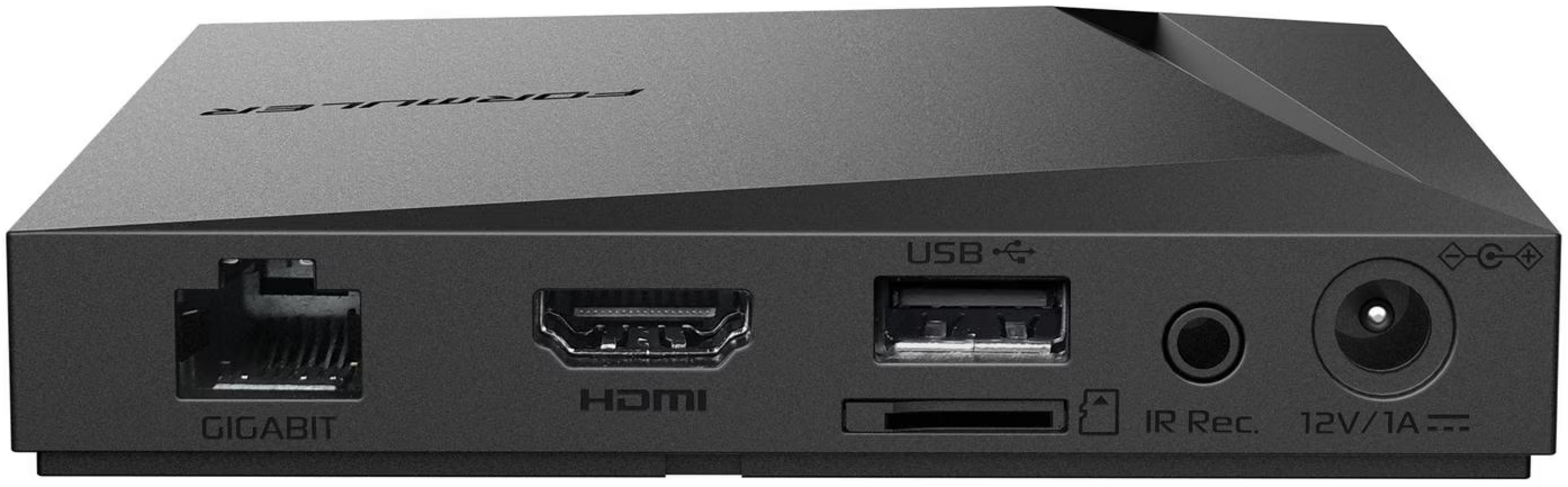 Scatola nera con porte: Gigabit, HDMI, USB, IR, alimentazione.