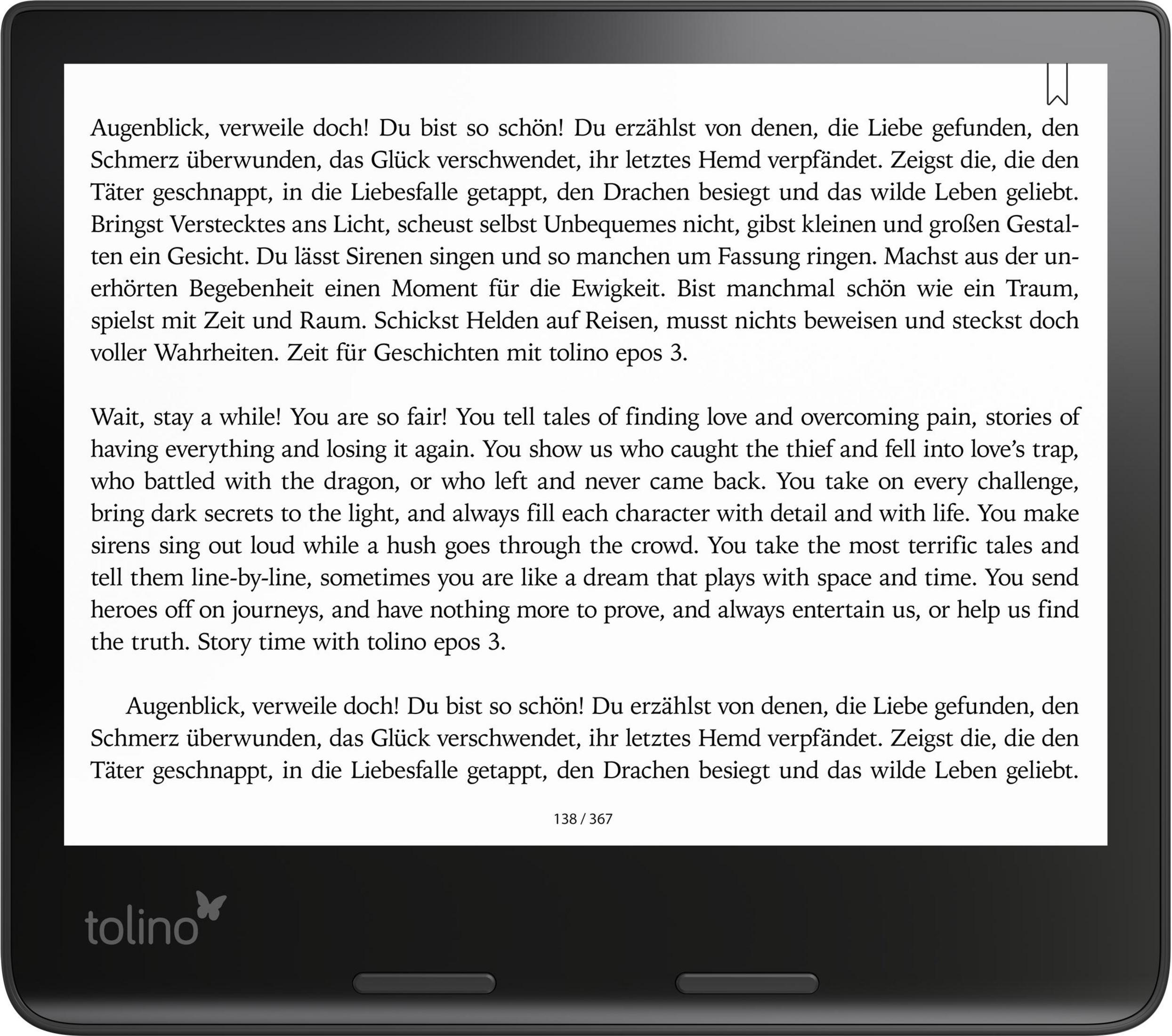 Ein E-Reader zeigt Text in Deutsch und Englisch, mit dem tolino-Logo unten.